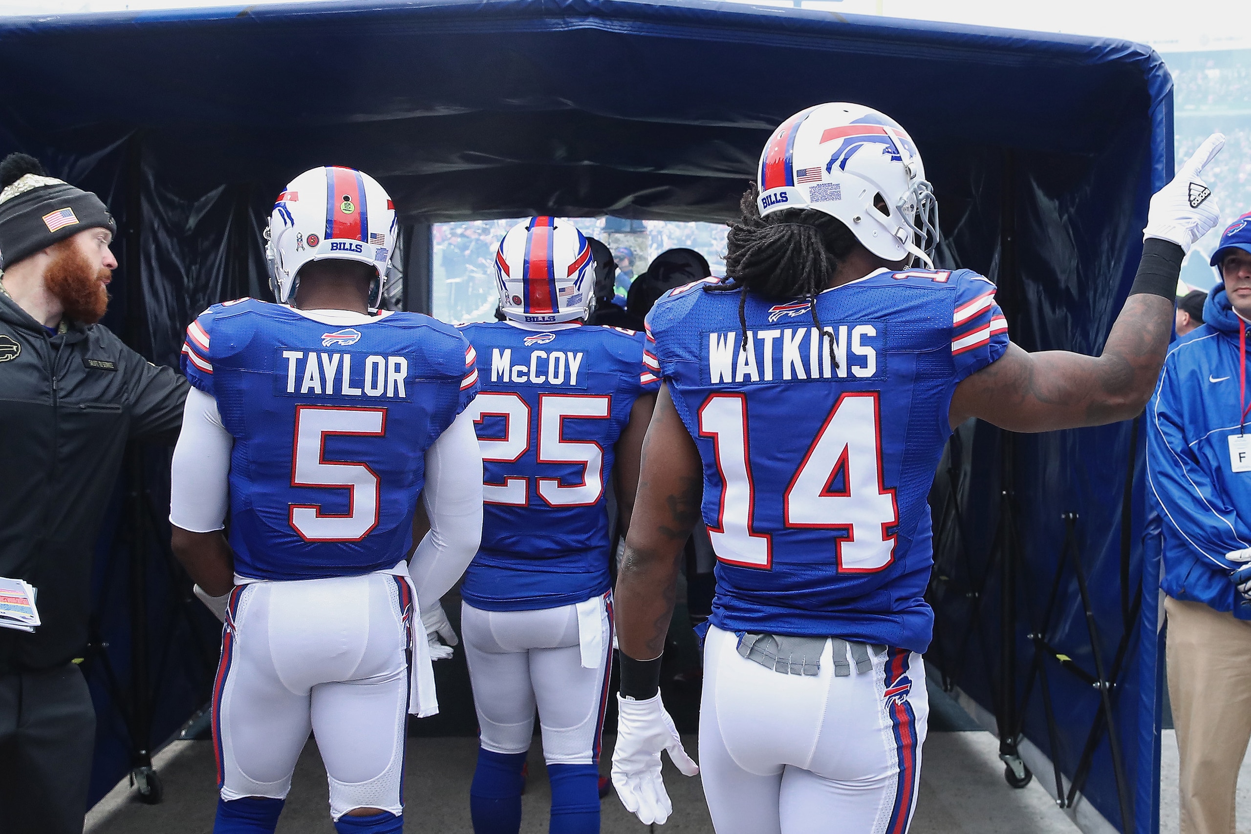 ORCHARD PARK, NY - NOVEMBER 27: Tyrod Taylor #5 of the Buffalo Bills and LeSean McCoy #25 and Sammy Watkins #14 wait in the tunnel before being introduced prior to the start of NFL game action against the Jacksonville Jaguars at New Era Field on November 