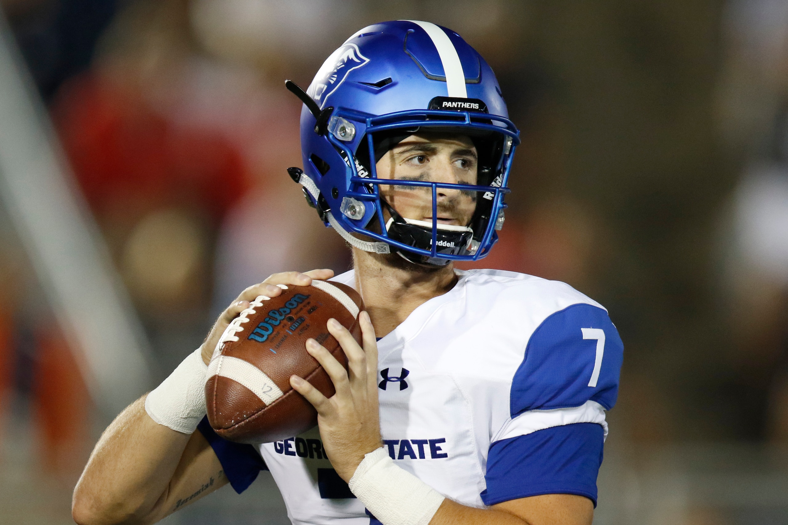 STATE COLLEGE, PA - SEPTEMBER 16:  Conner Manning #7 of the Georgia State Panthers looks to pass against the Penn State Nittany Lions at Beaver Stadium on September 16, 2017 in State College, Pennsylvania.  (Photo by Justin K. Aller/Getty Images)