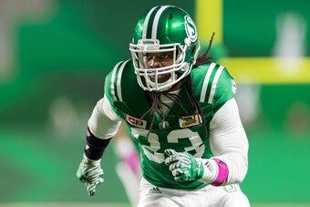 REGINA, SK - OCTOBER 13: Trent Richardson #33 of the Saskatchewan Roughriders during pregame warmup for the game against  the Ottawa Redblacks  at Mosaic Stadium on October 13, 2017 in Regina, Canada. (Photo by Brent Just/Getty Images)
