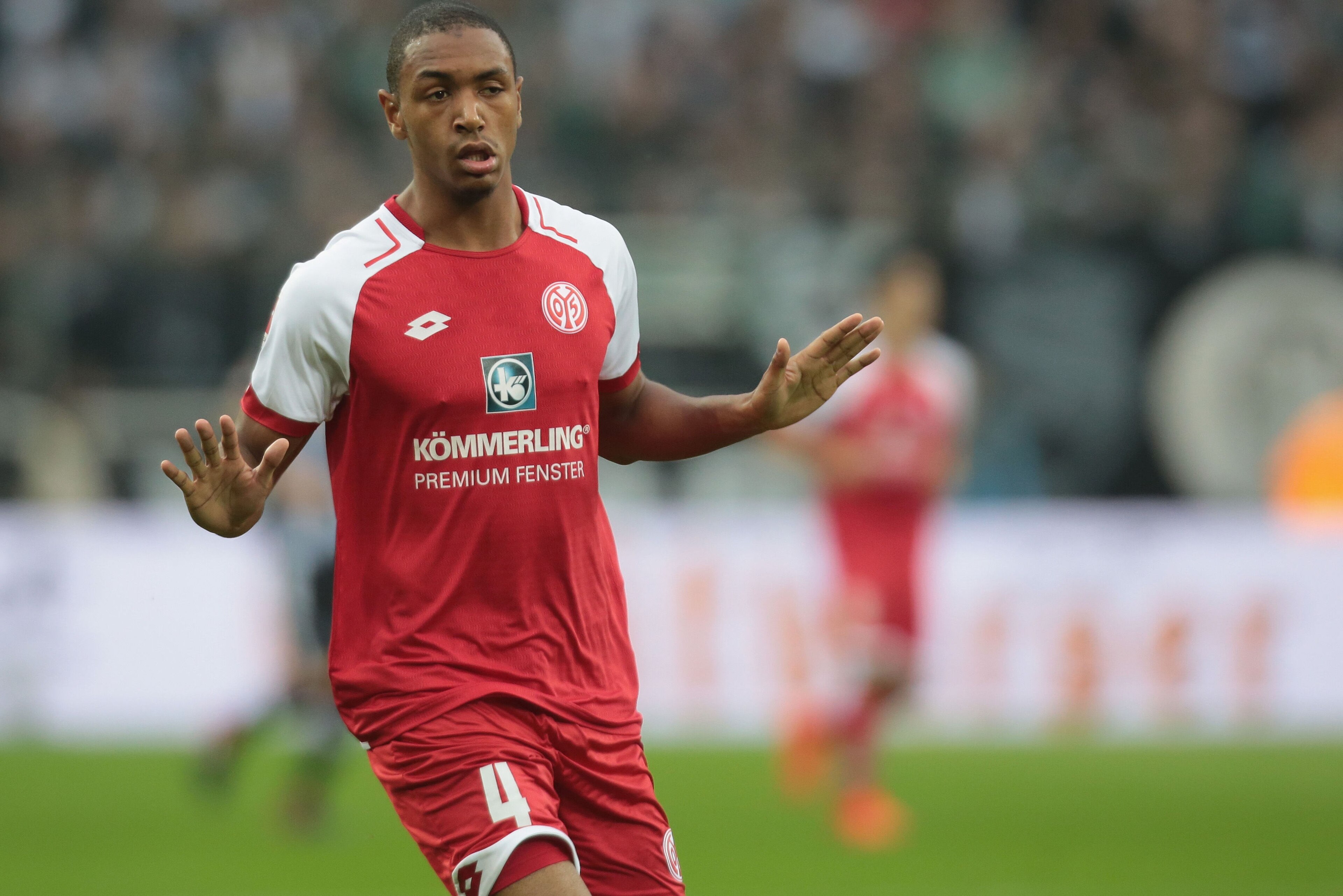 MOENCHENGLADBACH, GERMANY - NOVEMBER 04: Abdou Diallo of FSV Mainz 05 gestures during the Bundesliga match between Borussia Moenchengladbach and 1. FSV Mainz 05 at Borussia-Park on November 04, 2017 in Moenchengladbach, Germany. (Photo by TF-Images/TF-Ima