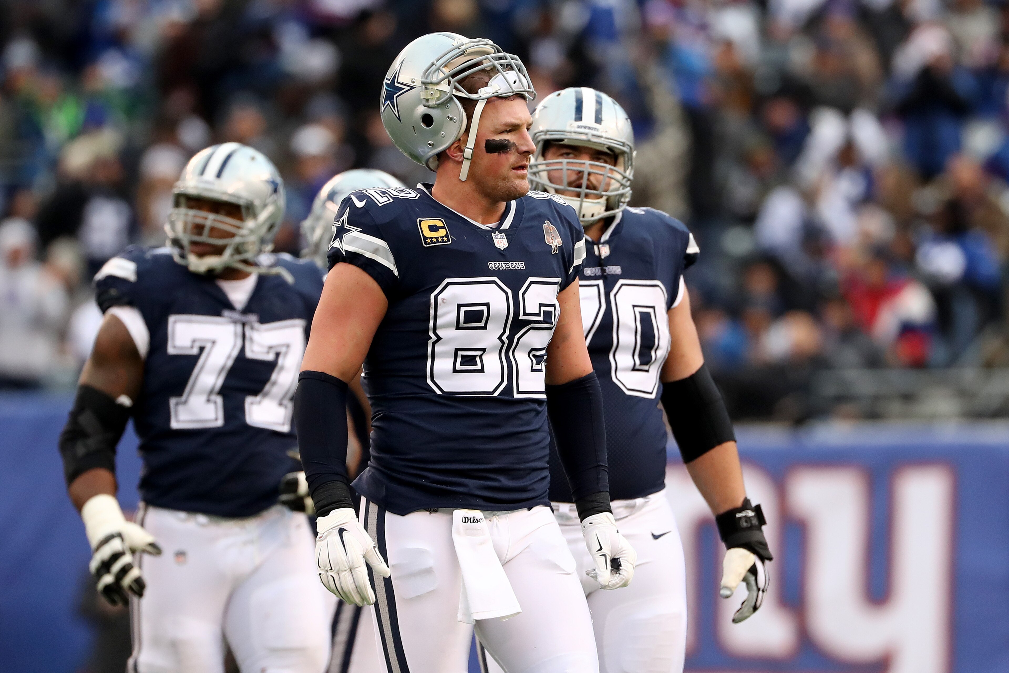 EAST RUTHERFORD, NEW JERSEY - DECEMBER 10:   Jason Witten #82 of the Dallas Cowboys looks on against the New York Giants during the second half in the game at MetLife Stadium on December 10, 2017 in East Rutherford, New Jersey. (Photo by Elsa/Getty Images