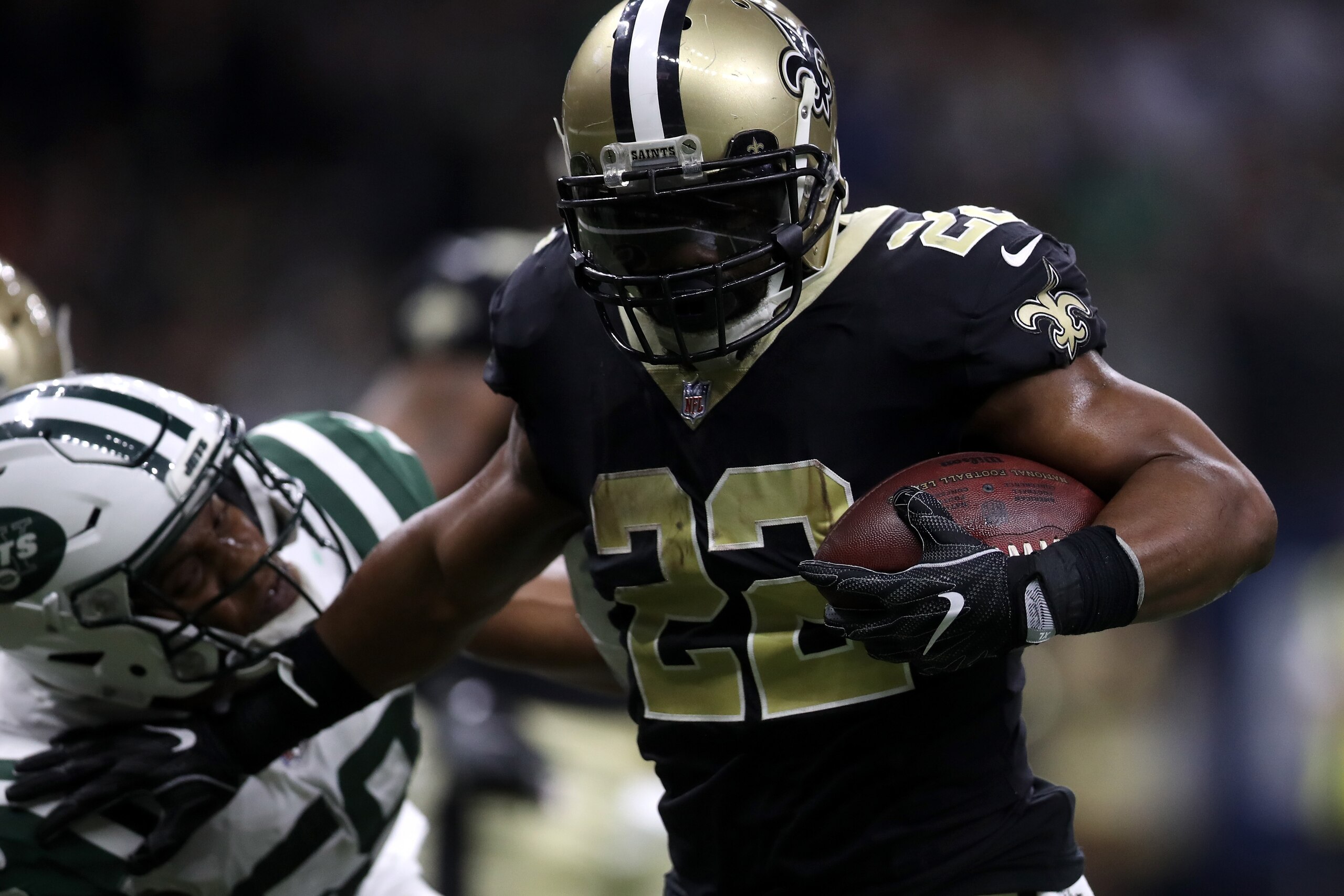 NEW ORLEANS, LA - DECEMBER 17: Mark Ingram #22 of the New Orleans Saints runs with the ball during the first half of a game against the New York Jets at the Mercedes-Benz Superdome on December 17, 2017 in New Orleans, Louisiana. (Photo by Chris Graythen NEW ORLEANS, LA - DECEMBER 17: Mark Ingram #22 of the New Orleans Saints runs with the ball during the first half of a game against the New York Jets at the Mercedes-Benz Superdome on December 17, 2017 in New Orleans, Louisiana. (Photo by Chris Graythen