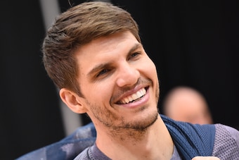 OAKLAND, CA - JUNE 3:  A close up shot of Kyle Korver #26 of the Cleveland Cavaliers smiling during practice and media availability as part of the 2017 NBA Finals on June 3, 2017 at the Warriors Practice Facility in Oakland, California. NOTE TO USER: User