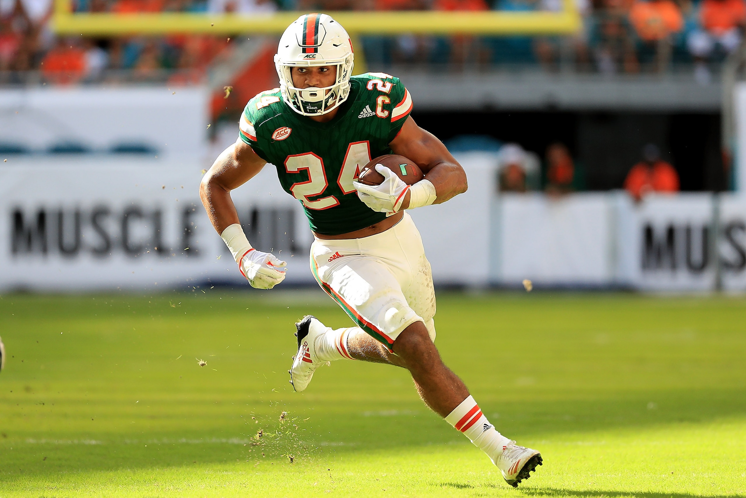 MIAMI GARDENS, FL - OCTOBER 14:  Travis Homer #24 of the Miami Hurricanes rushes during a game against the Georgia Tech Yellow Jackets at Sun Life Stadium on October 14, 2017 in Miami Gardens, Florida.  (Photo by Mike Ehrmann/Getty Images)