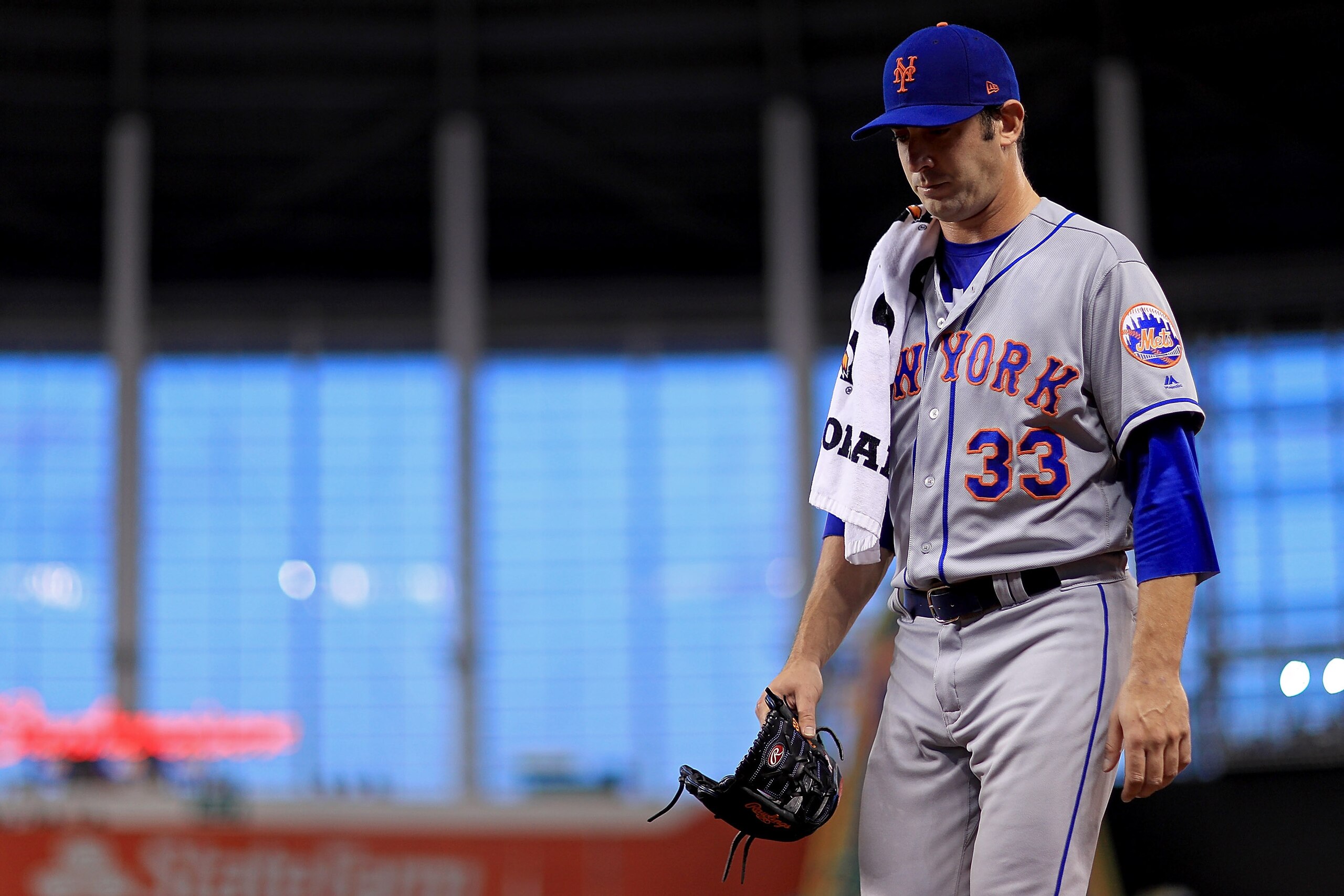 MIAMI, FL - SEPTEMBER 18:  Matt Harvey #33 of the New York Mets looks on during a game against the Miami Marlins at Marlins Park on September 18, 2017 in Miami, Florida.  (Photo by Mike Ehrmann/Getty Images)