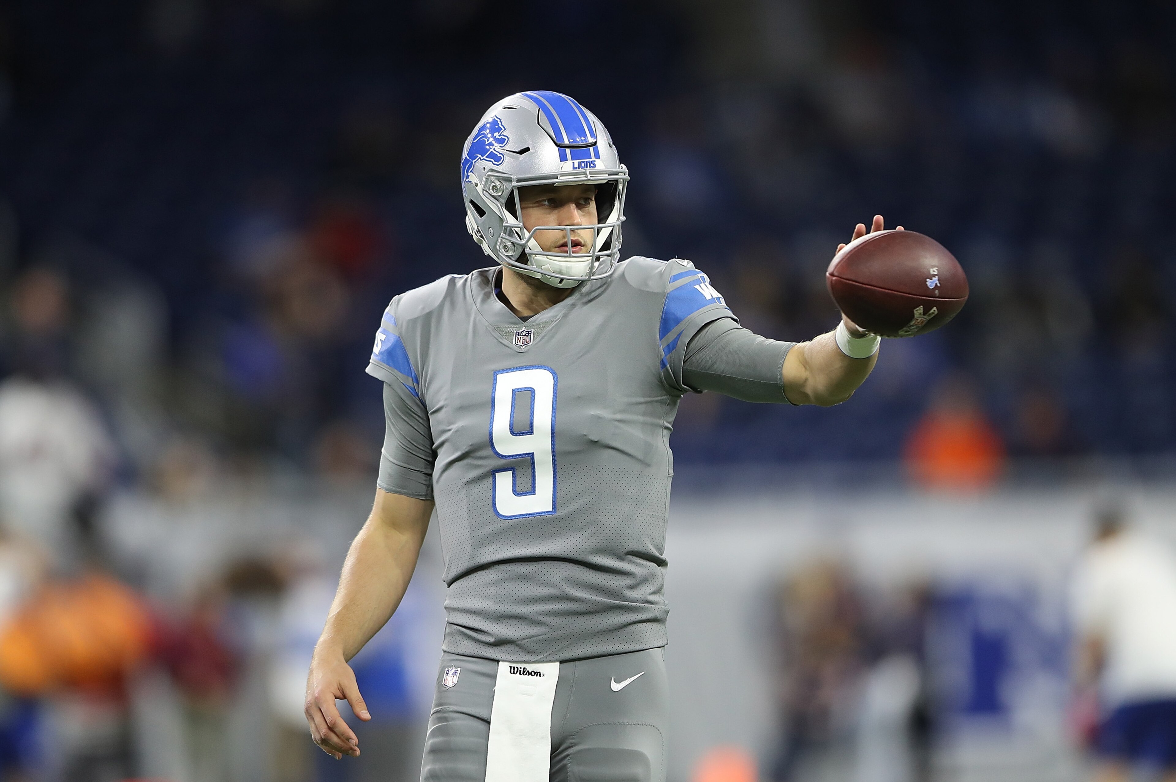 DETROIT, MI - DECEMBER 16: Matthew Stafford #9 of the Detroit Lions warms up prior to the start of the game against the Chicago Bears on the field prior to the start of the game at Ford Field on December 16, 2017 in Detroit, Michigan. Detroit defeated Chi DETROIT, MI - DECEMBER 16: Matthew Stafford #9 of the Detroit Lions warms up prior to the start of the game against the Chicago Bears on the field prior to the start of the game at Ford Field on December 16, 2017 in Detroit, Michigan. Detroit defeated Chi