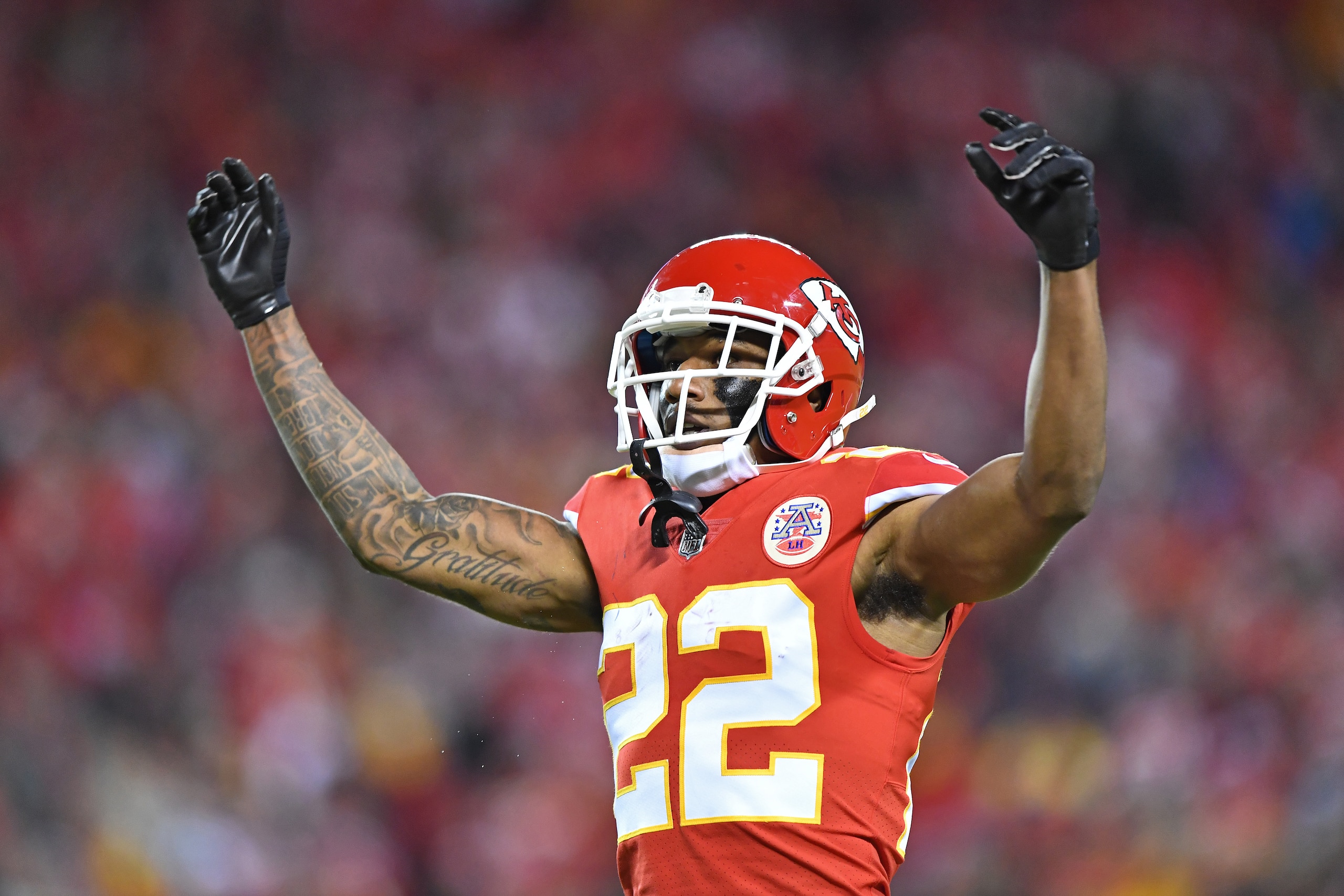 KANSAS CITY, MO - DECEMBER 16: Cornerback Marcus Peters #22 of the Kansas City Chiefs reacts to the crowd against the Los Angeles Chargers during the second half at Arrowhead Stadium on December 16, 2017 in Kansas City, Missouri. (Photo by Peter G. Aike KANSAS CITY, MO - DECEMBER 16: Cornerback Marcus Peters #22 of the Kansas City Chiefs reacts to the crowd against the Los Angeles Chargers during the second half at Arrowhead Stadium on December 16, 2017 in Kansas City, Missouri. (Photo by Peter G. Aike