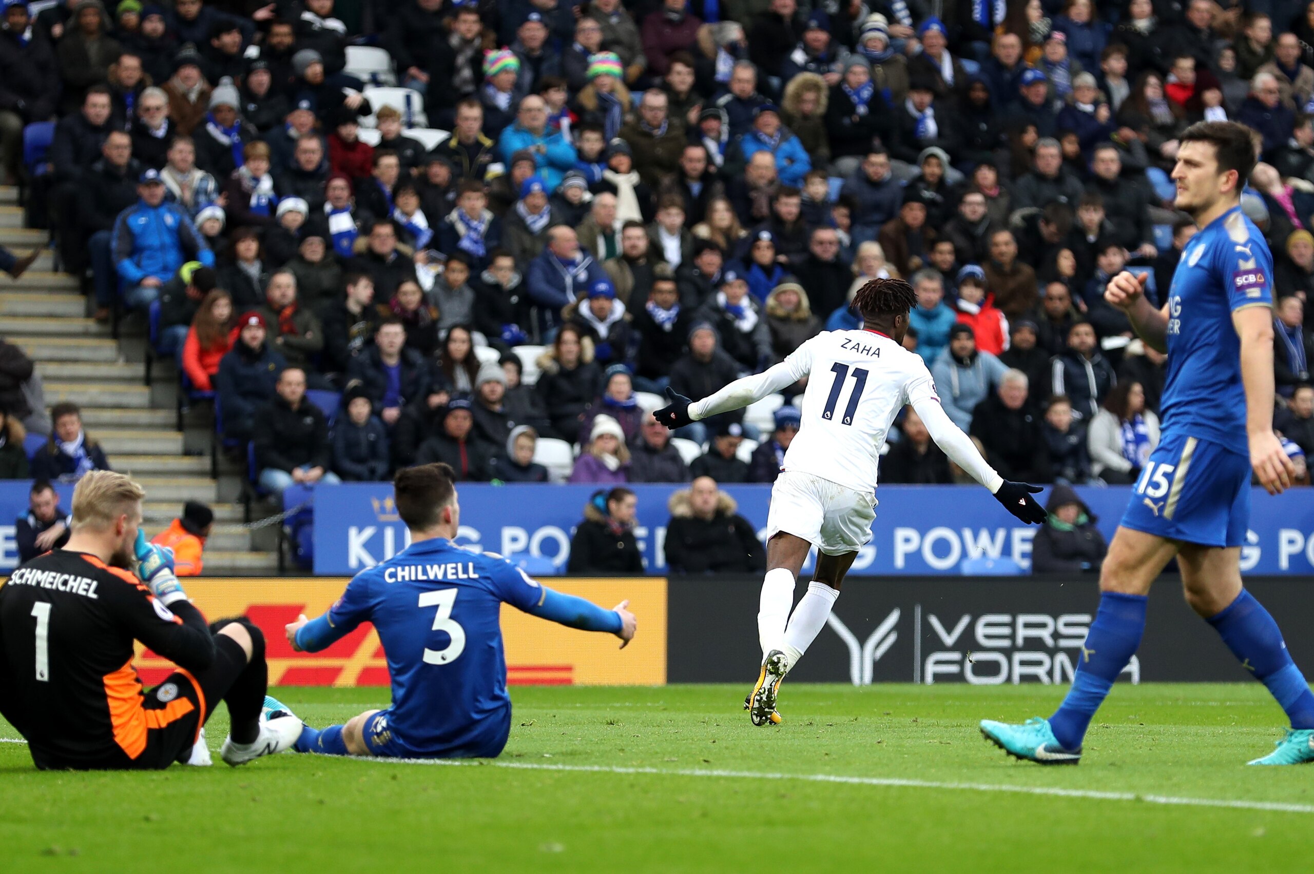 LEICESTER, ENGLAND - DECEMBER 16: Wilfried Zaha of Crystal Palace celebrates after scoring his sides second goal during the Premier League match between Leicester City and Crystal Palace at The King Power Stadium on December 16, 2017 in Leicester, England LEICESTER, ENGLAND - DECEMBER 16: Wilfried Zaha of Crystal Palace celebrates after scoring his sides second goal during the Premier League match between Leicester City and Crystal Palace at The King Power Stadium on December 16, 2017 in Leicester, England
