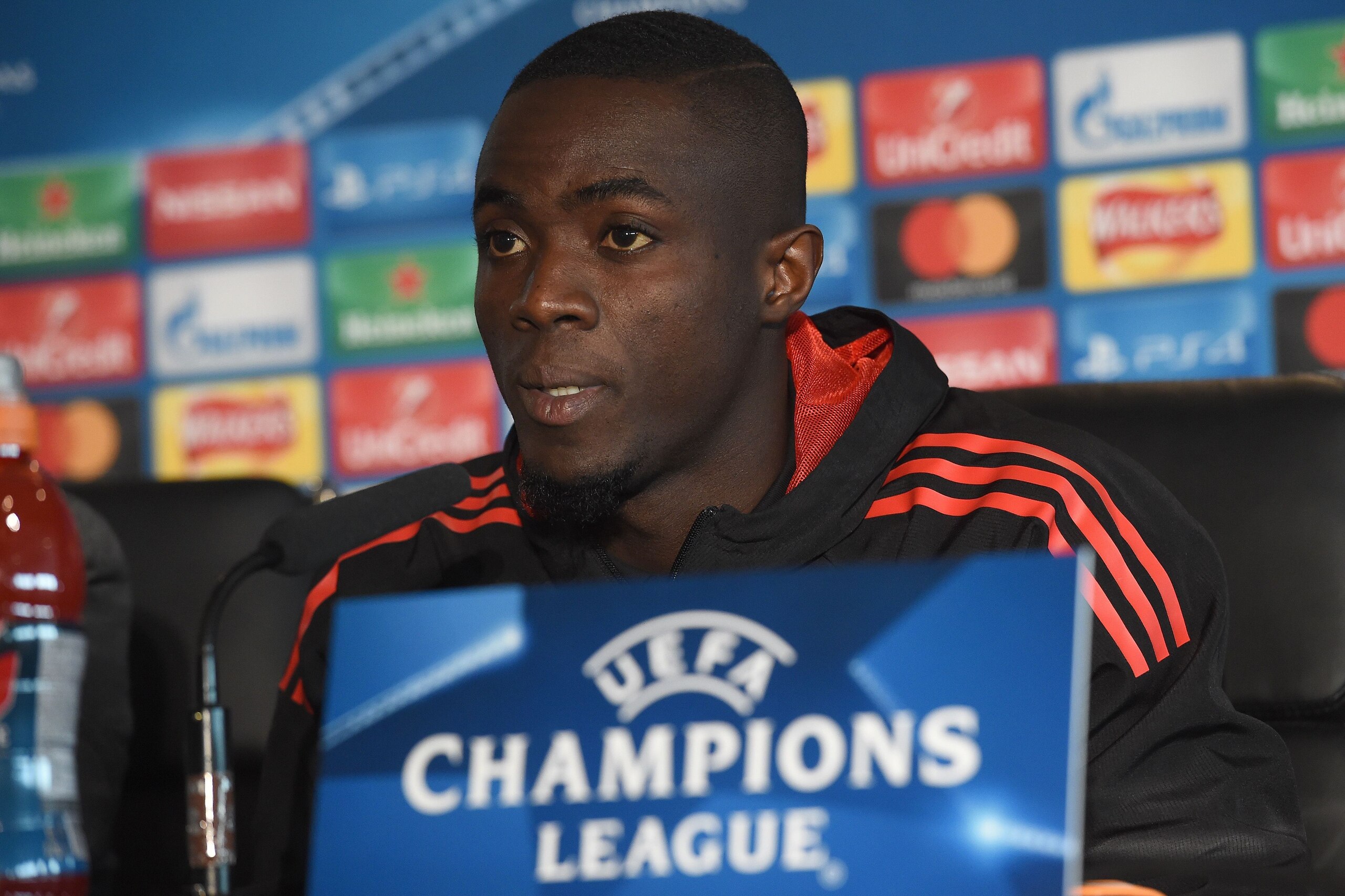 Manchester United's Ivorian defender Eric Bailly attends a press conference at at Old Trafford in Manchester, north-west England on October 30, 2017, on the eve of their UEFA Champions League Group A football match against SL Benfica. / AFP PHOTO / PAUL E