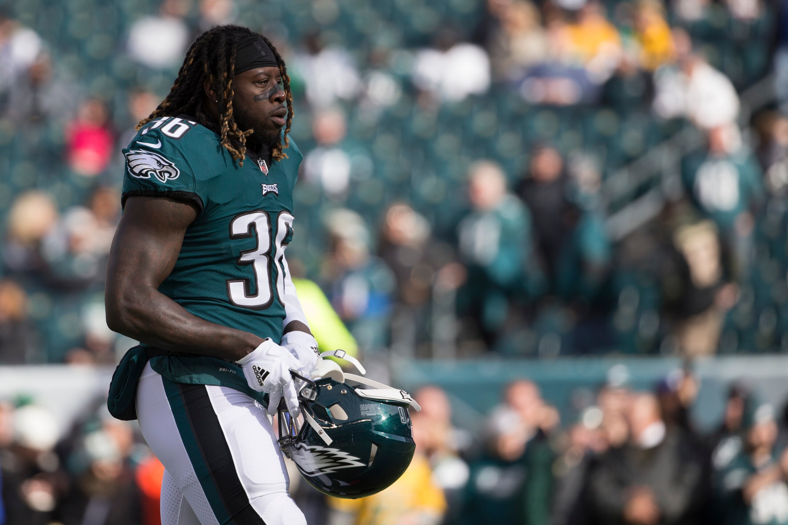PHILADELPHIA, PA - NOVEMBER 26: Jay Ajayi #36 of the Philadelphia Eagles looks on prior to the game against the Chicago Bears at Lincoln Financial Field on November 26, 2017 in Philadelphia, Pennsylvania. (Photo by Mitchell Leff/Getty Images)