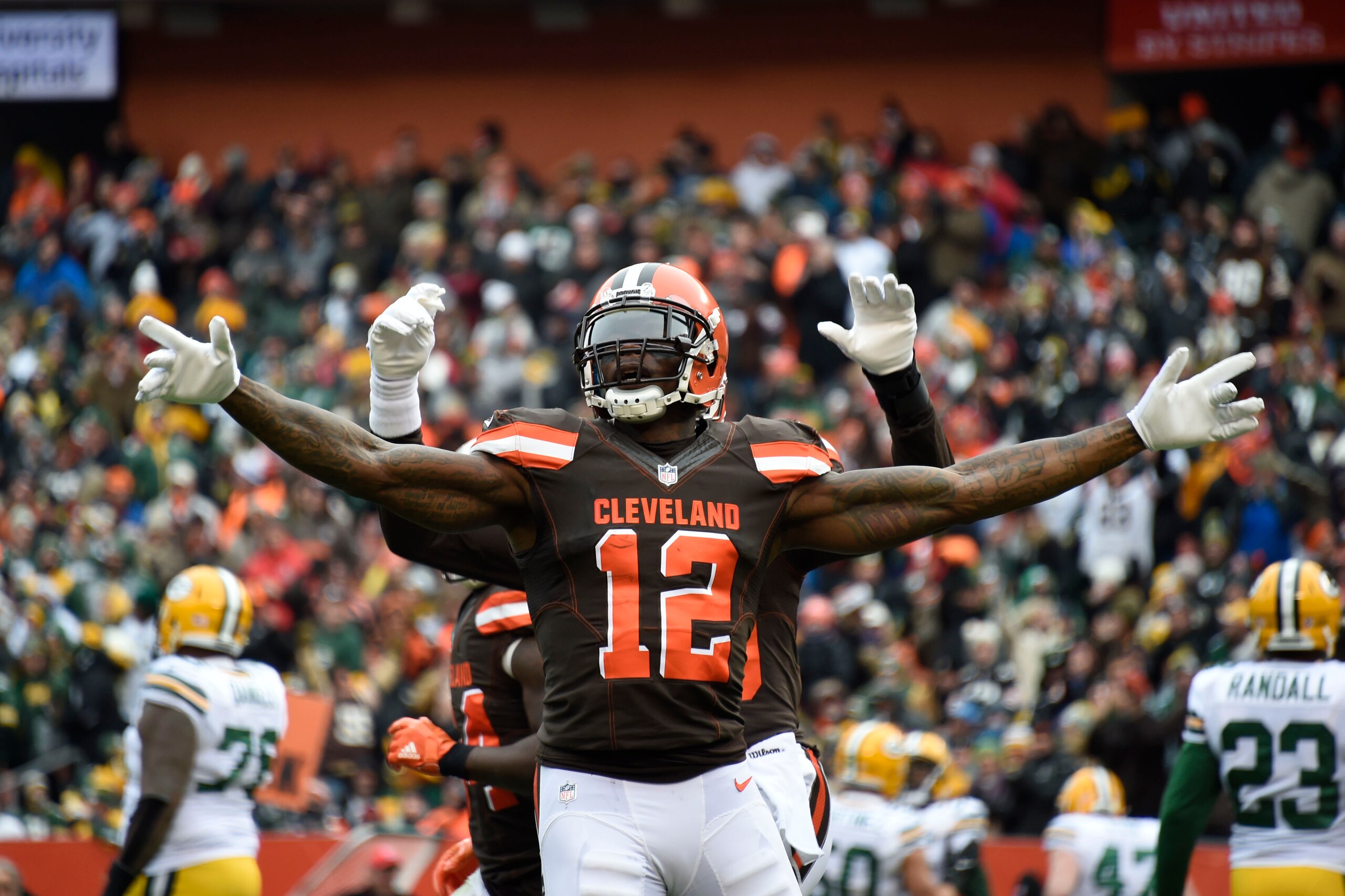 CLEVELAND, OH - DECEMBER 10: Josh Gordon #12 of the Cleveland Browns celebrates a touchdown in the first quarter against the Green Bay Packers at FirstEnergy Stadium on December 10, 2017 in Cleveland, Ohio. (Photo by Jason Miller/Getty Images)