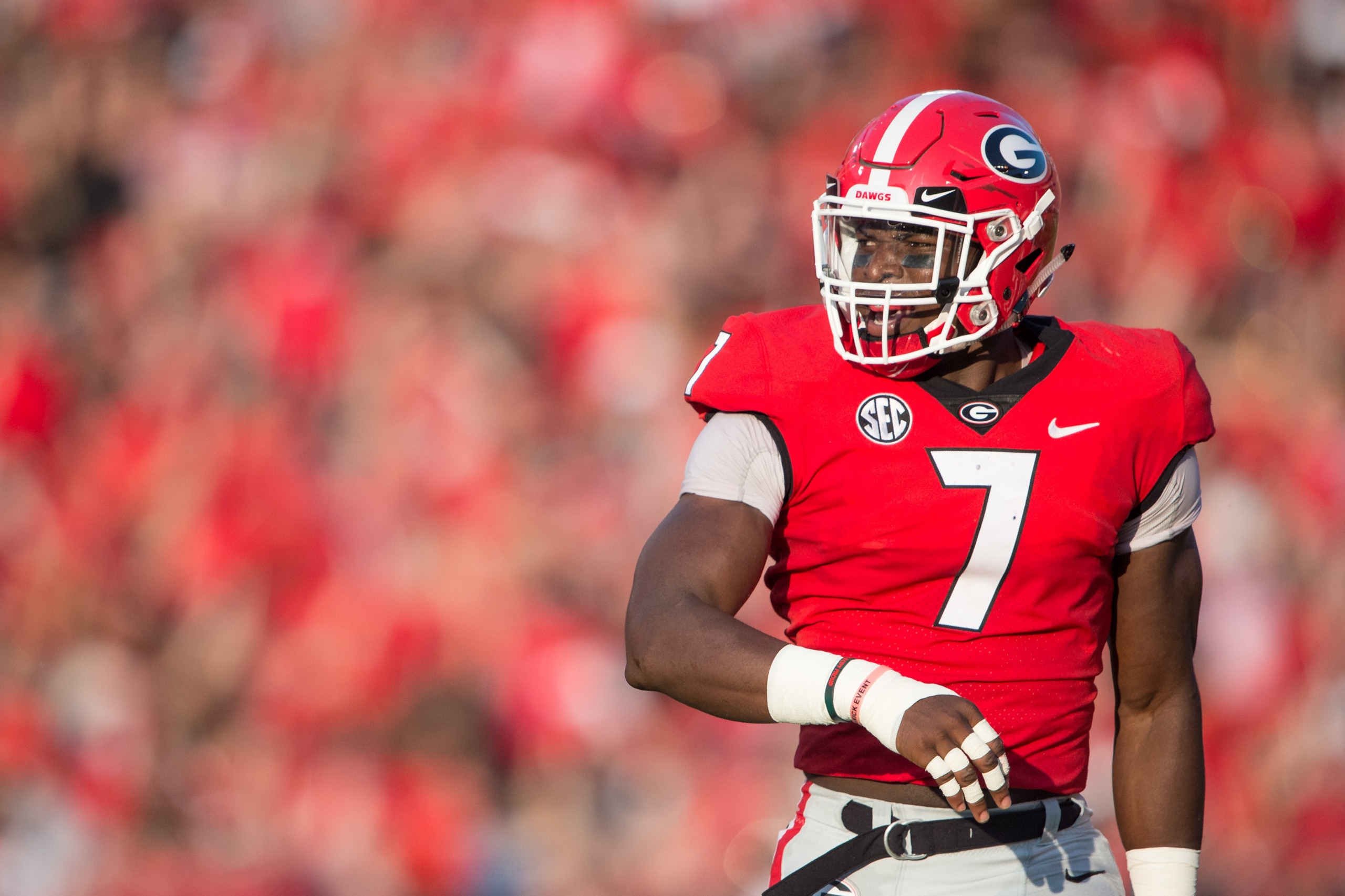ATHENS, GA - SEPTEMBER 2: Linebacker Lorenzo Carter #7 of the Georgia Bulldogs during their game against the Appalachian State Mountaineers at Sanford Stadium on September 2, 2017 in Athens, Georgia. The Georgia Bulldogs defeated the Appalachian State Mou