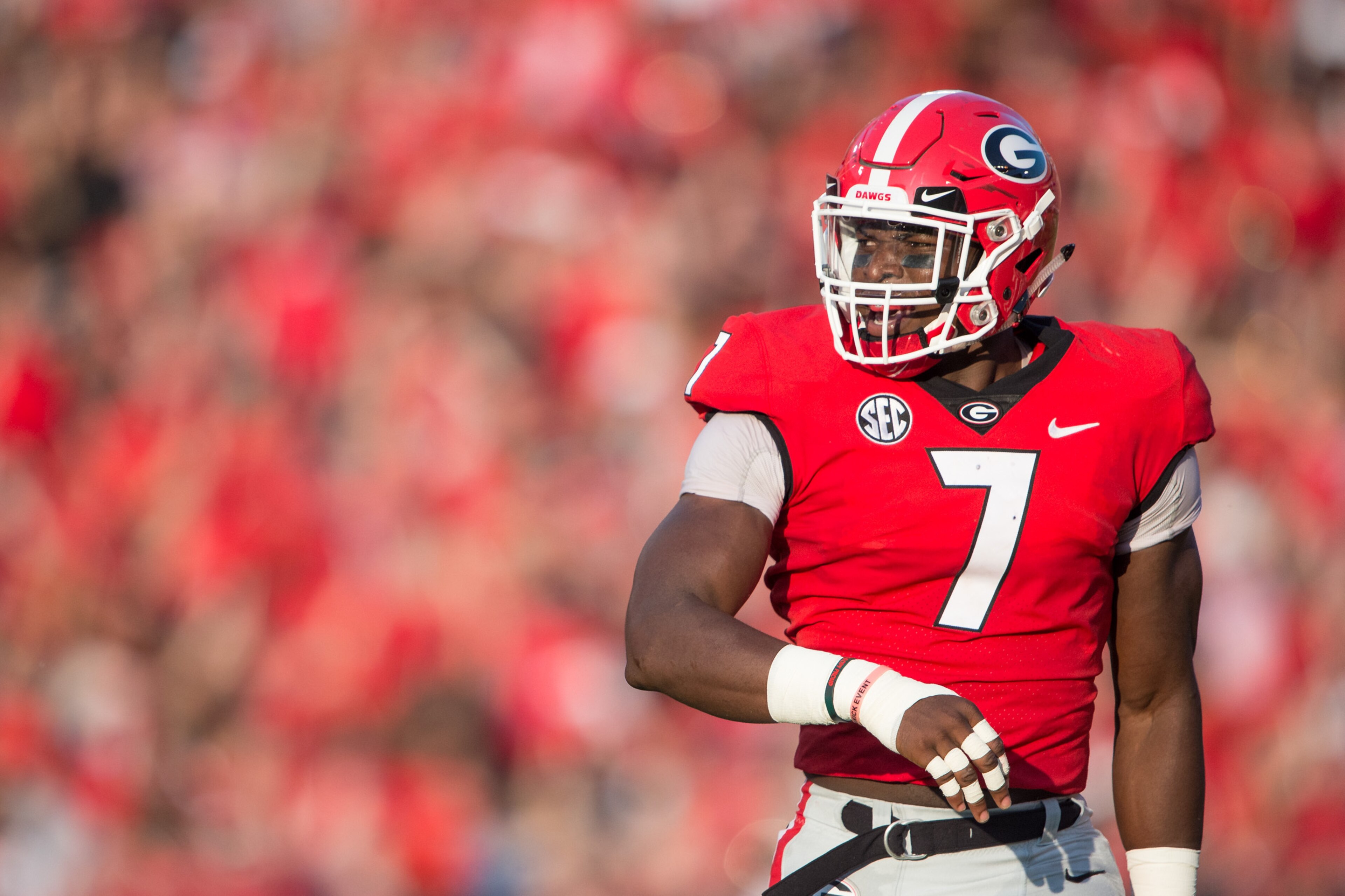 ATHENS, GA - SEPTEMBER 2: Linebacker Lorenzo Carter #7 of the Georgia Bulldogs during their game against the Appalachian State Mountaineers at Sanford Stadium on September 2, 2017 in Athens, Georgia. The Georgia Bulldogs defeated the Appalachian State Mou