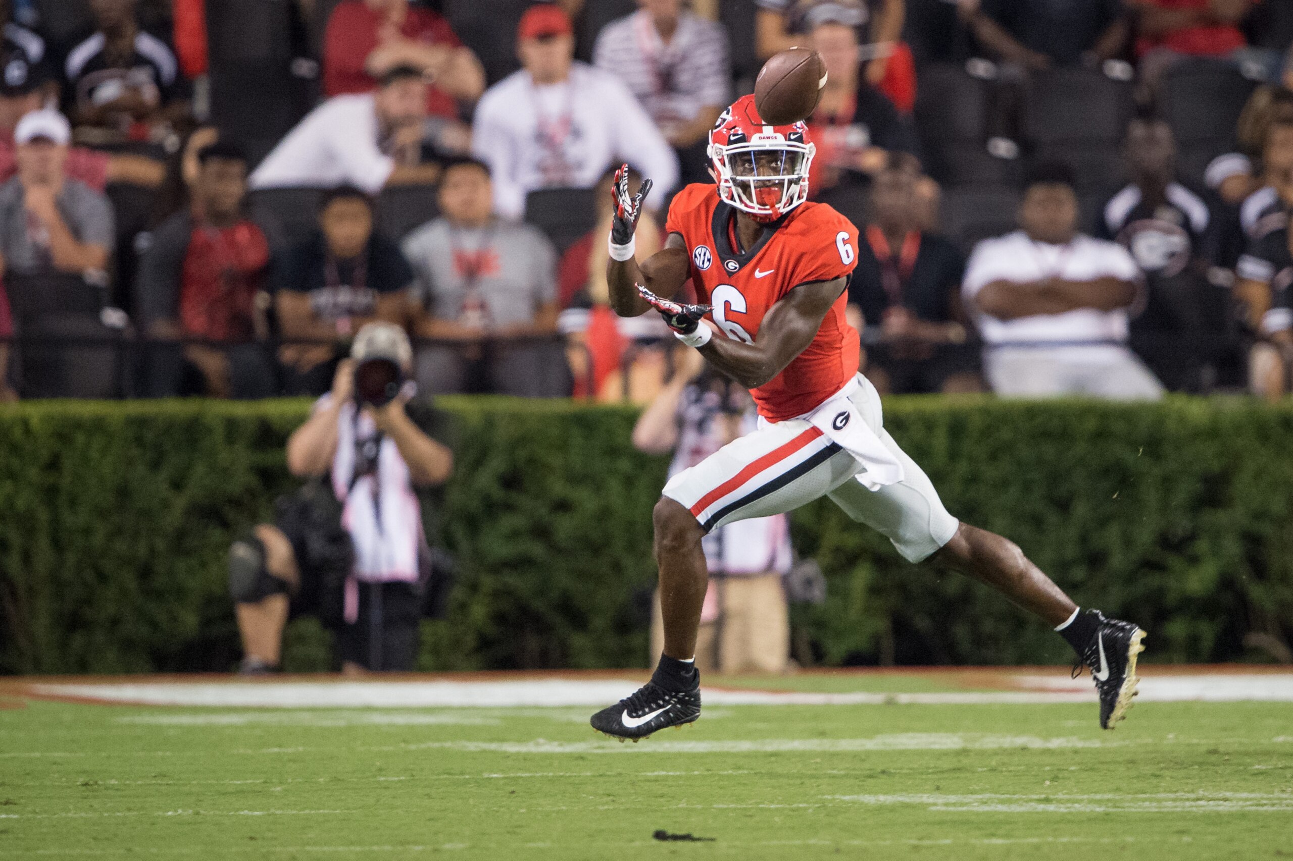 ATHENS, GA - SEPTEMBER 2: Wide receiver Javon Wims #6 of the Georgia Bulldogs catches a pass for a first down during their game against the Appalachian State Mountaineers at Sanford Stadium on September 2, 2017 in Athens, Georgia. The Georgia Bulldogs def