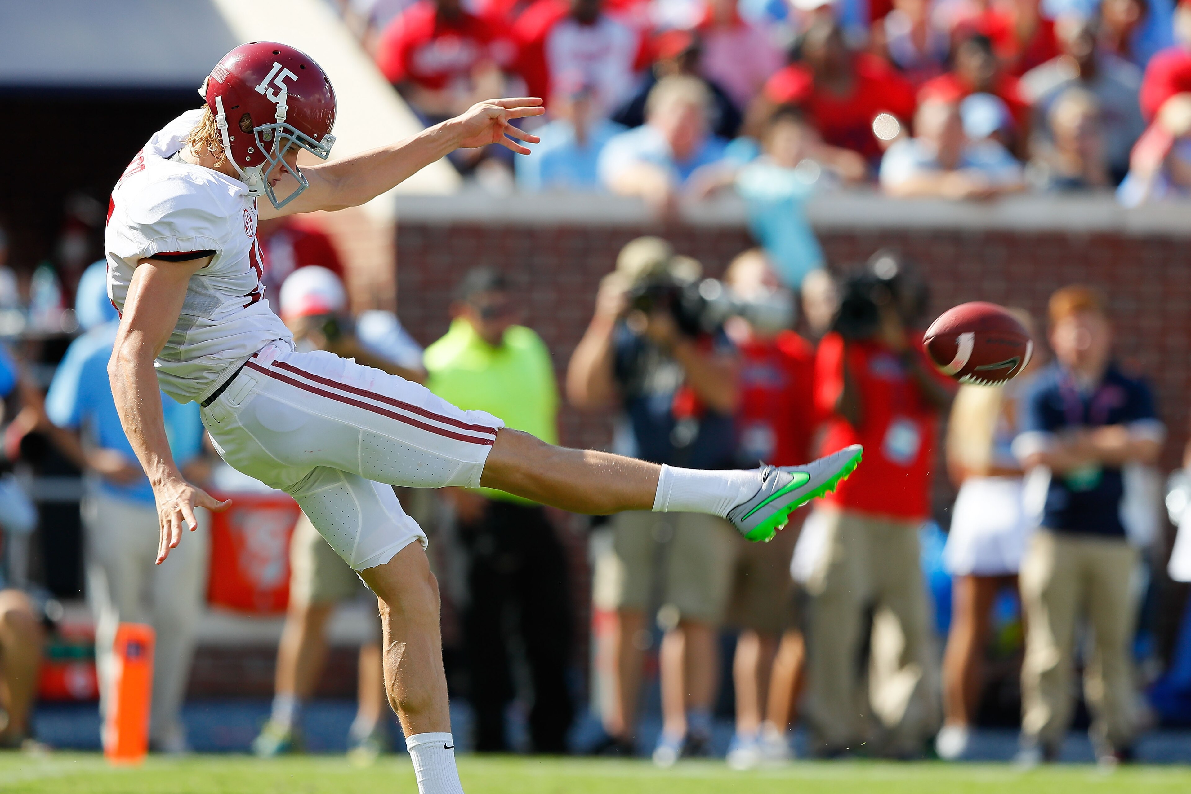 OXFORD, MS - SEPTEMBER 17: JK Scott #15 of the Alabama Crimson Tide punts against the Mississippi Rebels at Vaught-Hemingway Stadium on September 17, 2016 in Oxford, Mississippi. (Photo by Kevin C. Cox/Getty Images) OXFORD, MS - SEPTEMBER 17: JK Scott #15 of the Alabama Crimson Tide punts against the Mississippi Rebels at Vaught-Hemingway Stadium on September 17, 2016 in Oxford, Mississippi. (Photo by Kevin C. Cox/Getty Images)