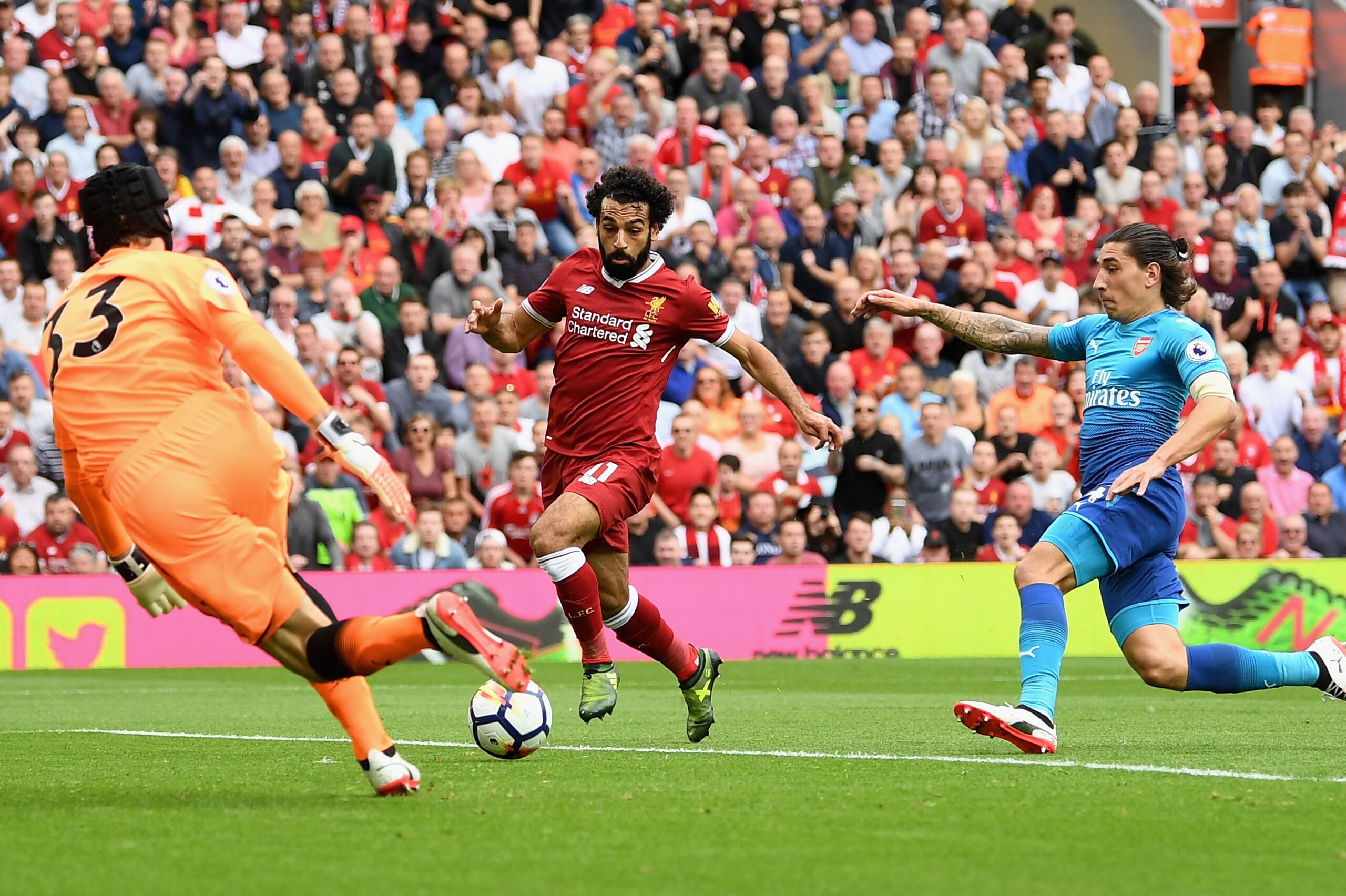 LIVERPOOL, ENGLAND - AUGUST 27: Petr Cech of Arsenal saves from Mohamed Salah of Liverpool during the Premier League match between Liverpool and Arsenal at Anfield on August 27, 2017 in Liverpool, England.  (Photo by Michael Regan/Getty Images)