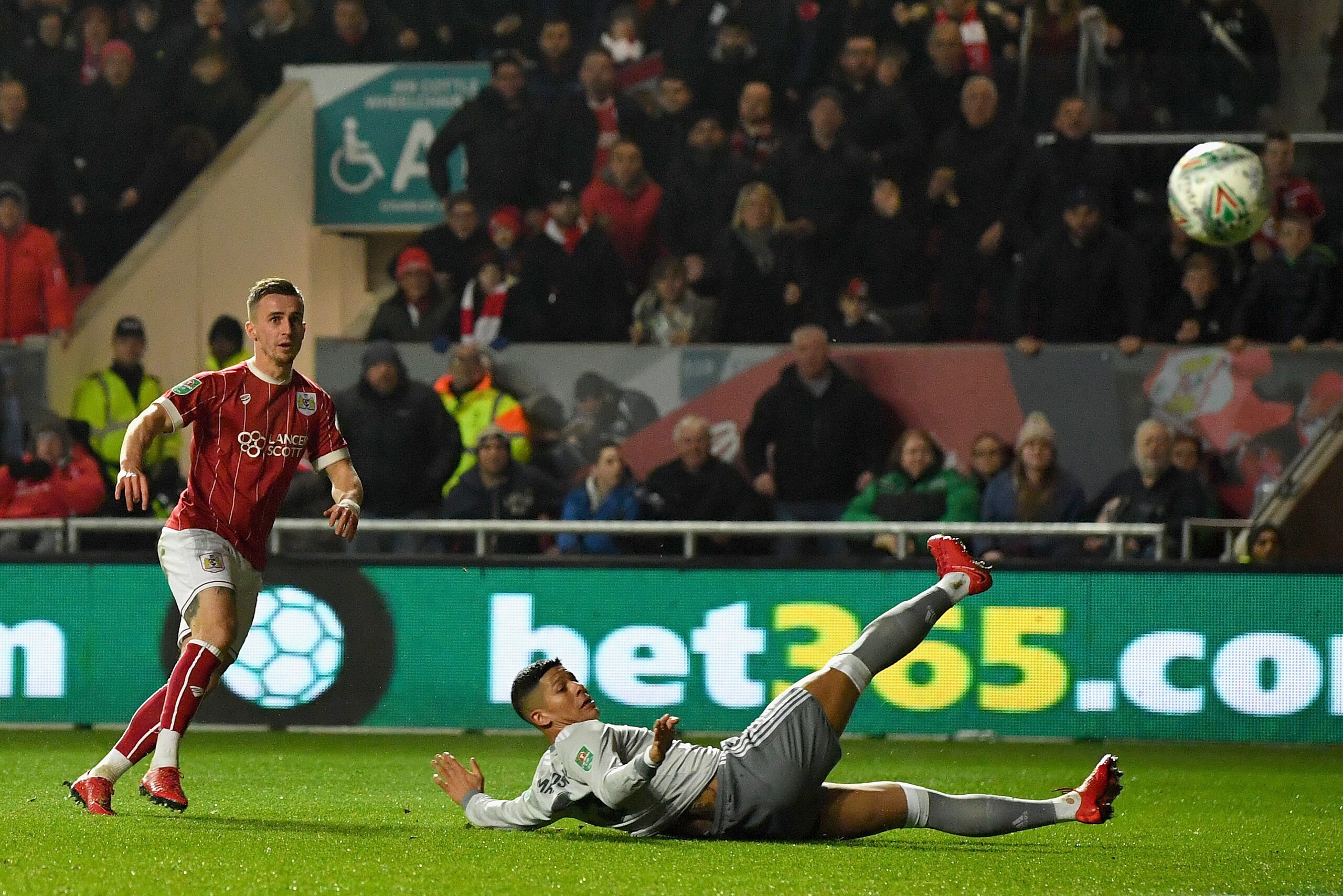 BRISTOL, ENGLAND - DECEMBER 20: Joe Bryan of Bristol City scores his sides first goal during the Carabao Cup Quarter-Final match between Bristol City and Manchester United at Ashton Gate on December 20, 2017 in Bristol, England.  (Photo by Dan Mullan/Gett
