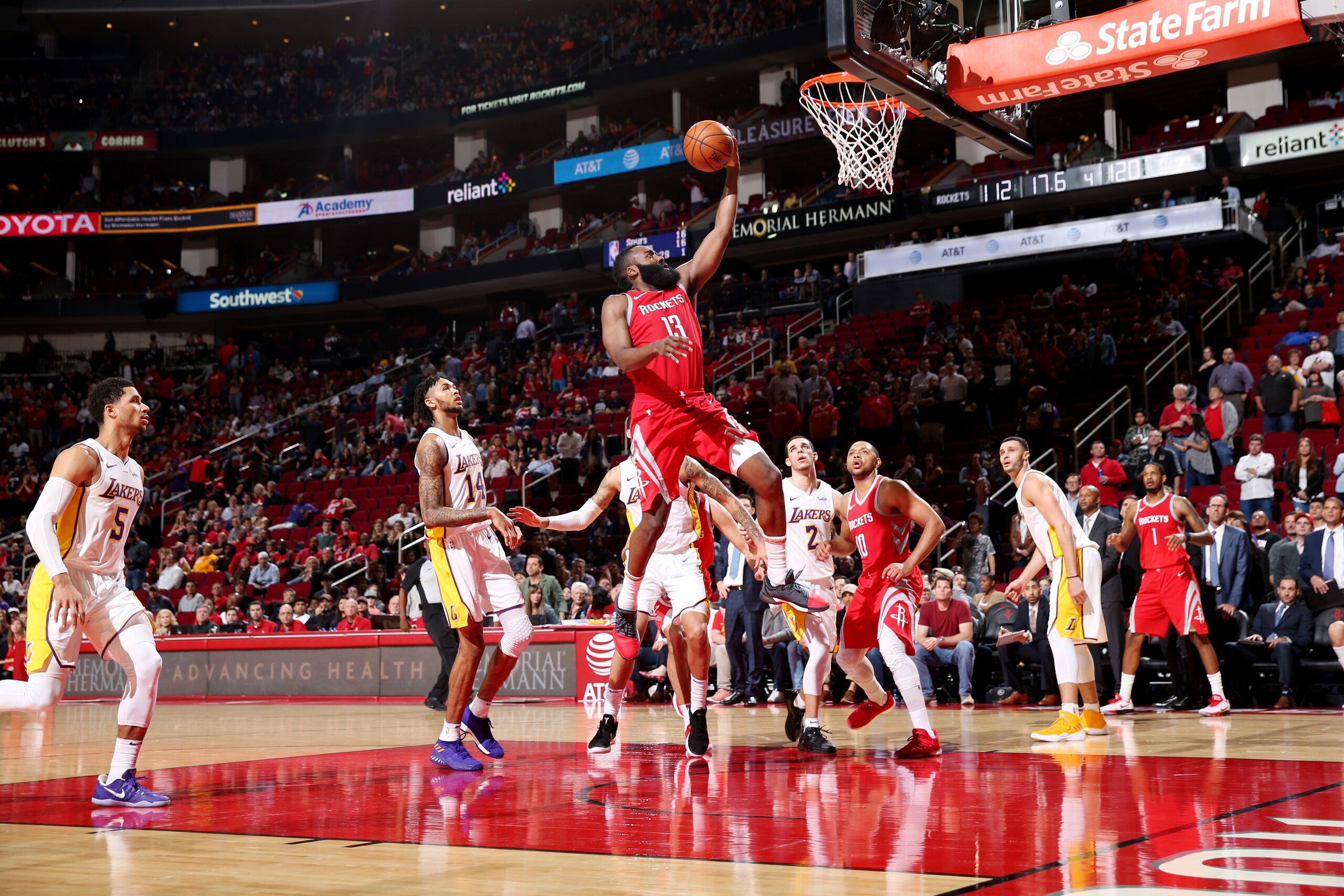 HOUSTON, TX -  DECEMBER  20: James Harden #13 of the Houston Rockets shoots the ball during the game against the Los Angeles Lakers on December 20, 2017 at Toyota Center in Houston, Texas. NOTE TO USER: User expressly acknowledges and agrees that, by down