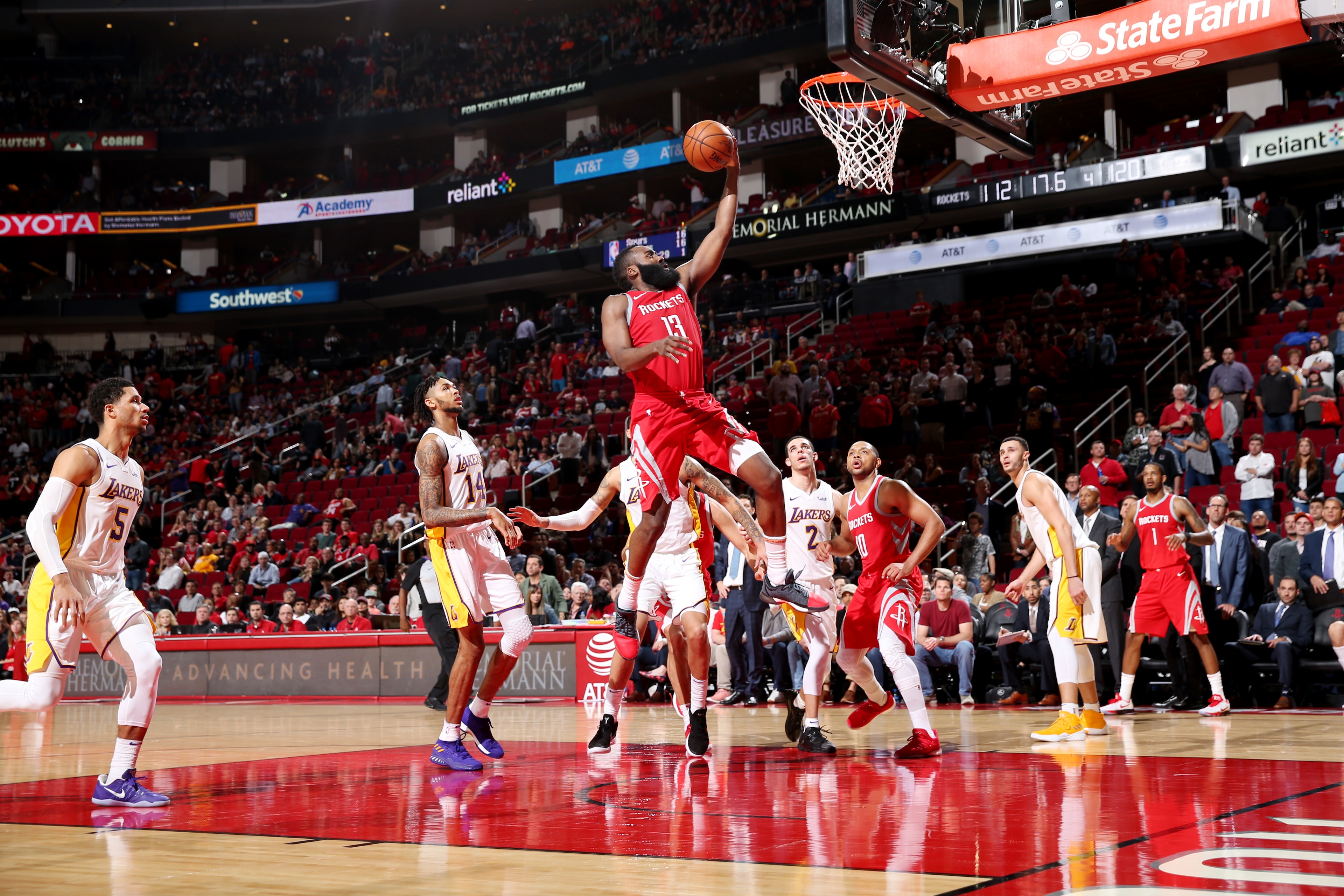 HOUSTON, TX -  DECEMBER  20: James Harden #13 of the Houston Rockets shoots the ball during the game against the Los Angeles Lakers on December 20, 2017 at Toyota Center in Houston, Texas. NOTE TO USER: User expressly acknowledges and agrees that, by down