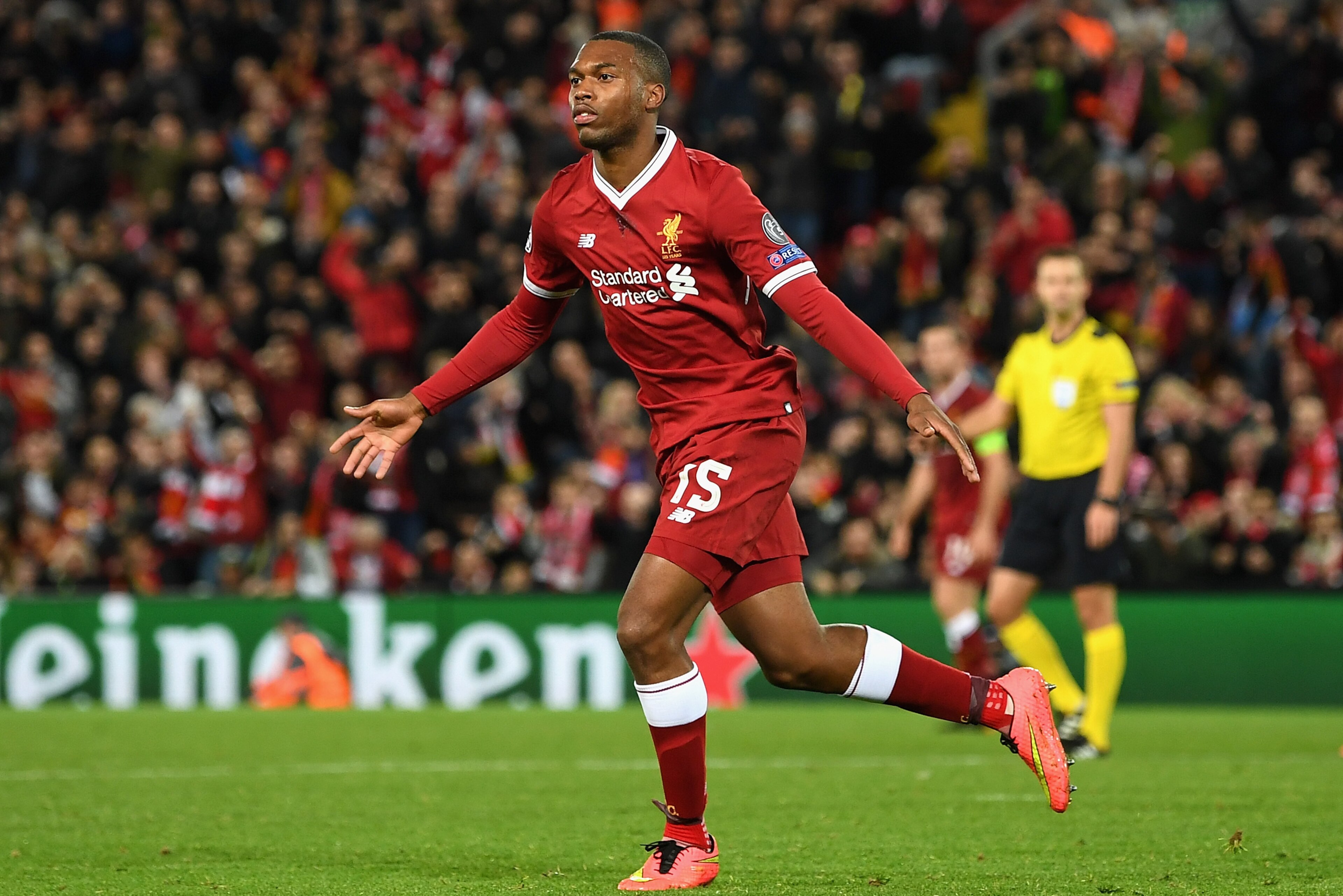 LIVERPOOL, ENGLAND - NOVEMBER 01: Daniel Sturridge of Liverpool scores his sides third goal during the UEFA Champions League group E match between Liverpool FC and NK Maribor at Anfield on November 1, 2017 in Liverpool, United Kingdom.  (Photo by Michael 