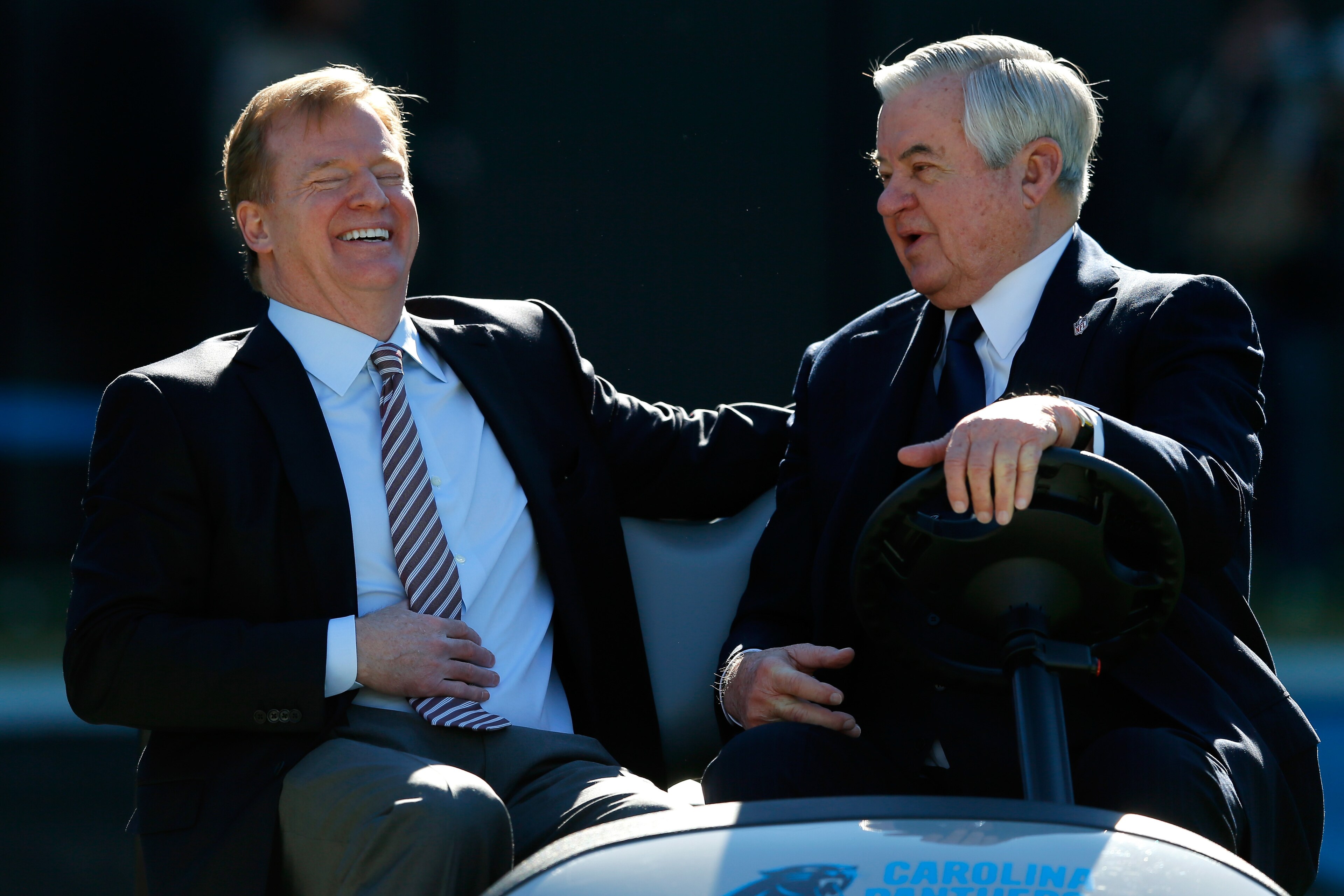 CHARLOTTE, NC - JANUARY 12:  NFL commissioner Roger Goodell speaks with Carolina Panthers owner Jerry Richardson prior to the NFC Divisional Playoff Game against the San Francisco 49ers at Bank of America Stadium on January 12, 2014 in Charlotte, North Ca