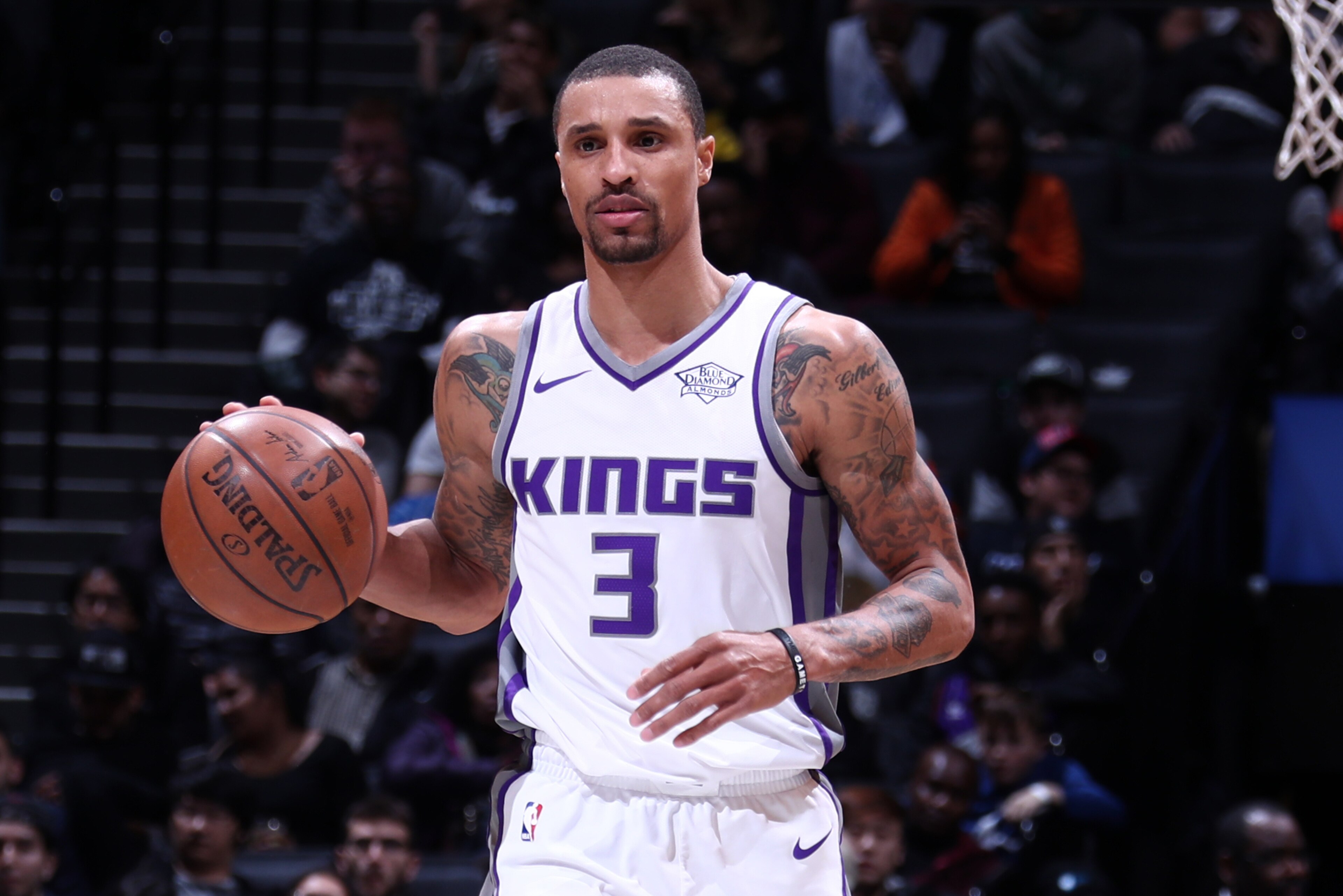 BROOKLYN, NY - DECEMBER 20:  George Hill #3 of the Sacramento Kings handles the ball against the Brooklyn Nets on December 20, 2017 at Barclays Center in Brooklyn, New York. NOTE TO USER: User expressly acknowledges and agrees that, by downloading and or 