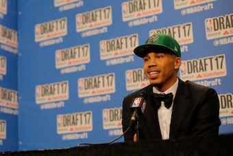 BROOKLYN, NY - JUNE 22:  Jayson Tatum is interviewed after being selected third overall by the Boston Celtics at the 2017 NBA Draft on June 22, 2017 at Barclays Center in Brooklyn, New York. NOTE TO USER: User expressly acknowledges and agrees that, by do