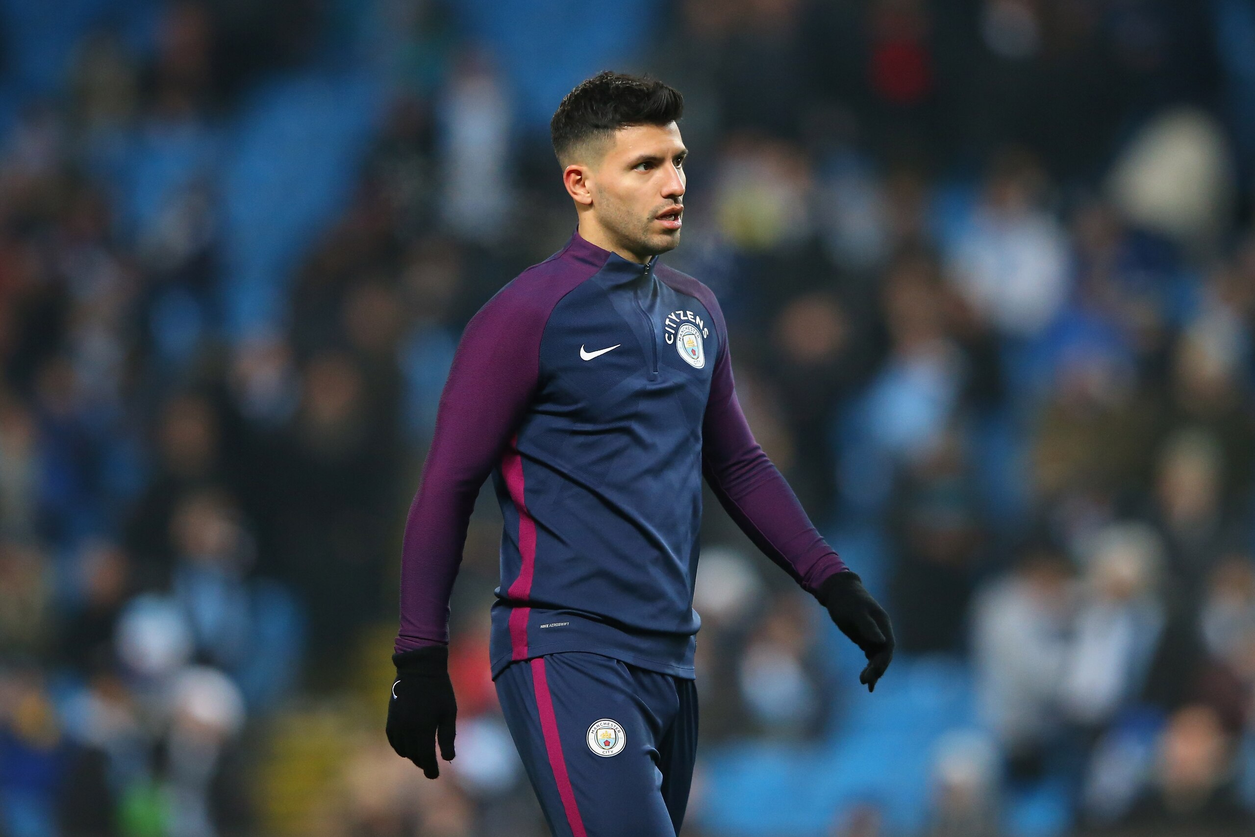 MANCHESTER, ENGLAND - DECEMBER 16:  Sergio Aguero of Manchester City looks on during the warm up prior to the Premier League match between Manchester City and Tottenham Hotspur at Etihad Stadium on December 16, 2017 in Manchester, England.  (Photo by Alex