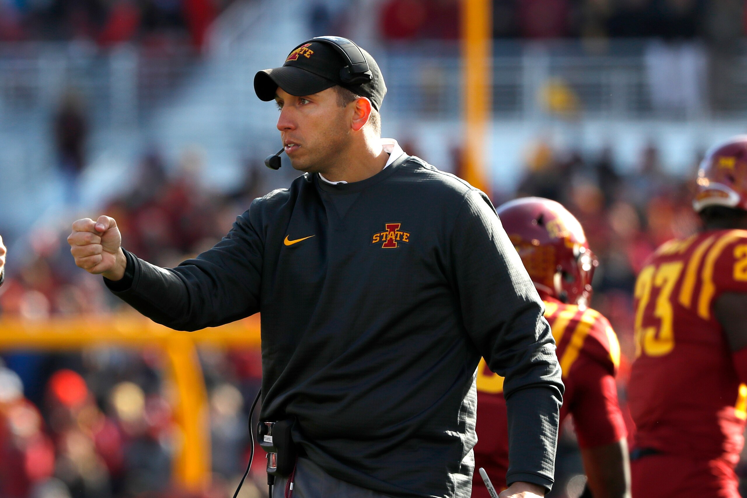 AMES, IA - OCTOBER 28: Head coach Matt Campbell of the Iowa State Cyclones coaches from the sidelines in the first half of play at Jack Trice Stadium on October 28, 2017 in Ames, Iowa. (Photo by David Purdy/Getty Images)