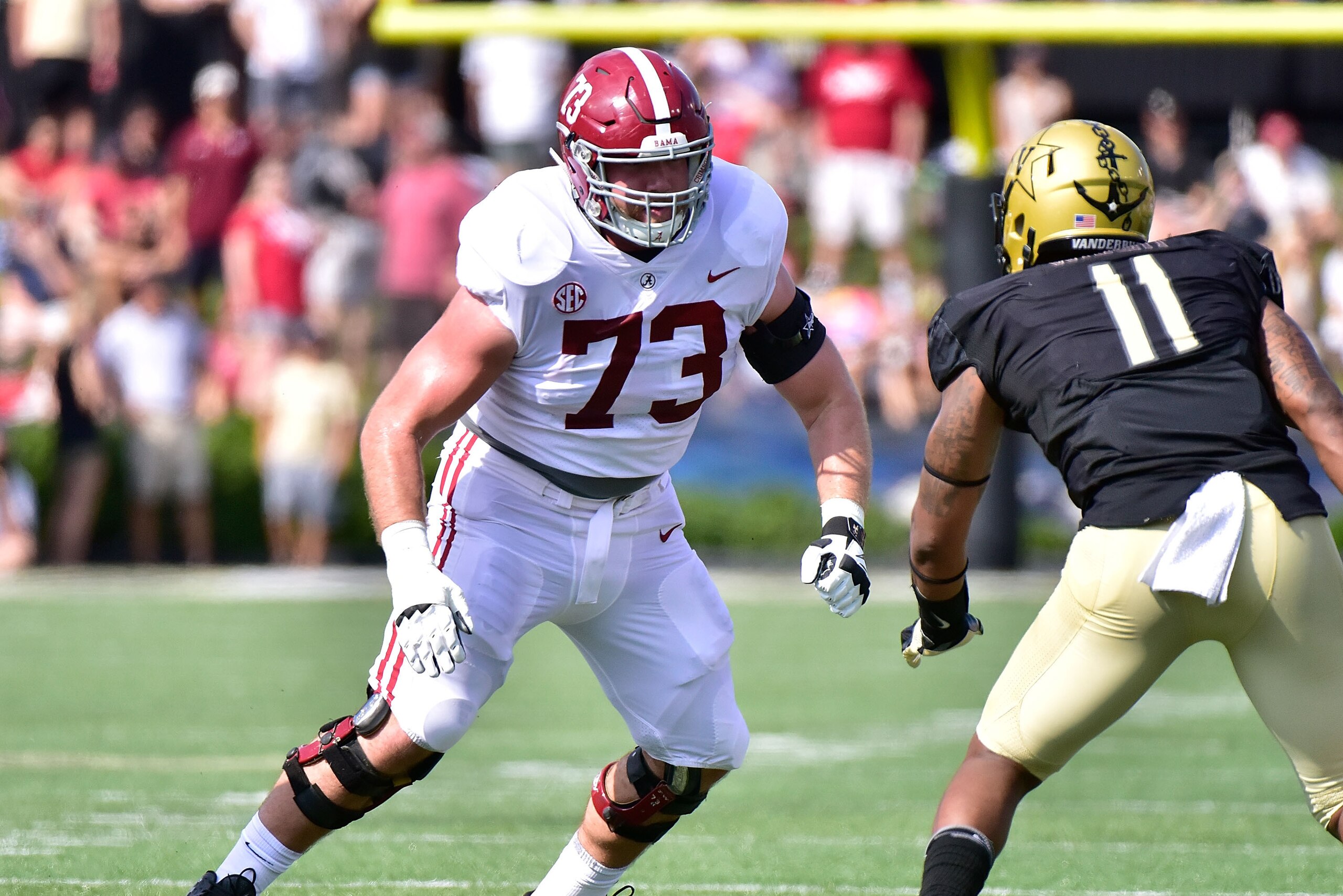 NASHVILLE, TN - SEPTEMBER 23:  Jonah Williams #73 of the Alabama Crimson Tide plays against the Vanderbilt Commodores at Vanderbilt Stadium on September 23, 2017 in Nashville, Tennessee.  (Photo by Frederick Breedon/Getty Images)