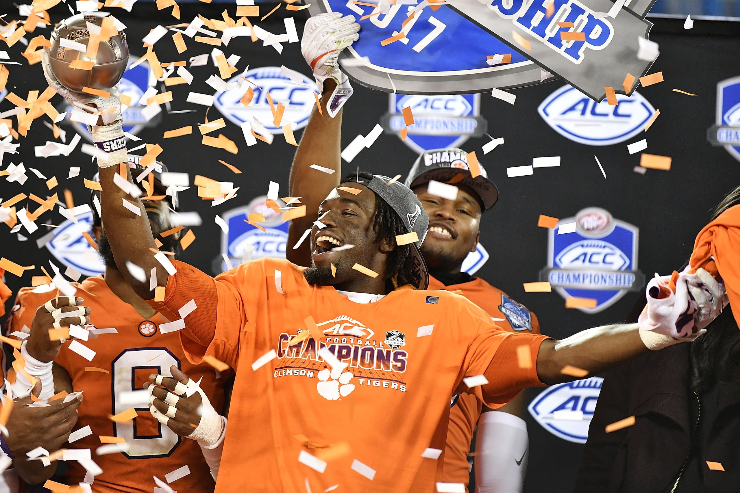 CHARLOTTE, NC - DECEMBER 02: Deon Cain #8 of the Clemson Tigers celebrates after their victory over the Miami Hurricanes in the ACC Football Championship at Bank of America Stadium on December 2, 2017 in Charlotte, North Carolina. (Photo by Mike Comer/Get CHARLOTTE, NC - DECEMBER 02: Deon Cain #8 of the Clemson Tigers celebrates after their victory over the Miami Hurricanes in the ACC Football Championship at Bank of America Stadium on December 2, 2017 in Charlotte, North Carolina. (Photo by Mike Comer/Get