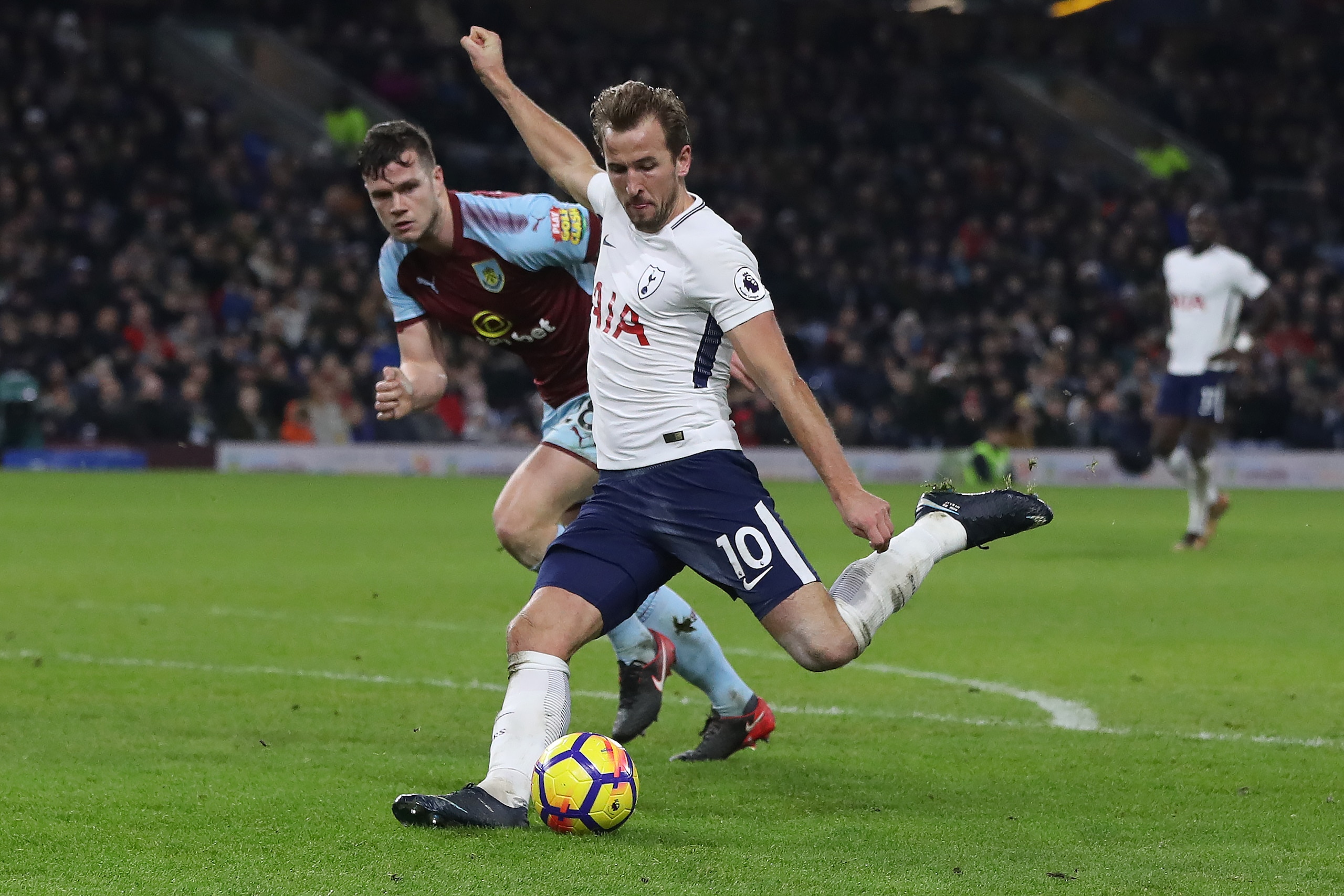 BURNLEY, ENGLAND - DECEMBER 23: Harry Kane of Tottenham Hotspur scores his third goal during the Premier League match between Burnley and Tottenham Hotspur at Turf Moor on December 23, 2017 in Burnley, England. (Photo by Ian MacNicol/Getty Images)