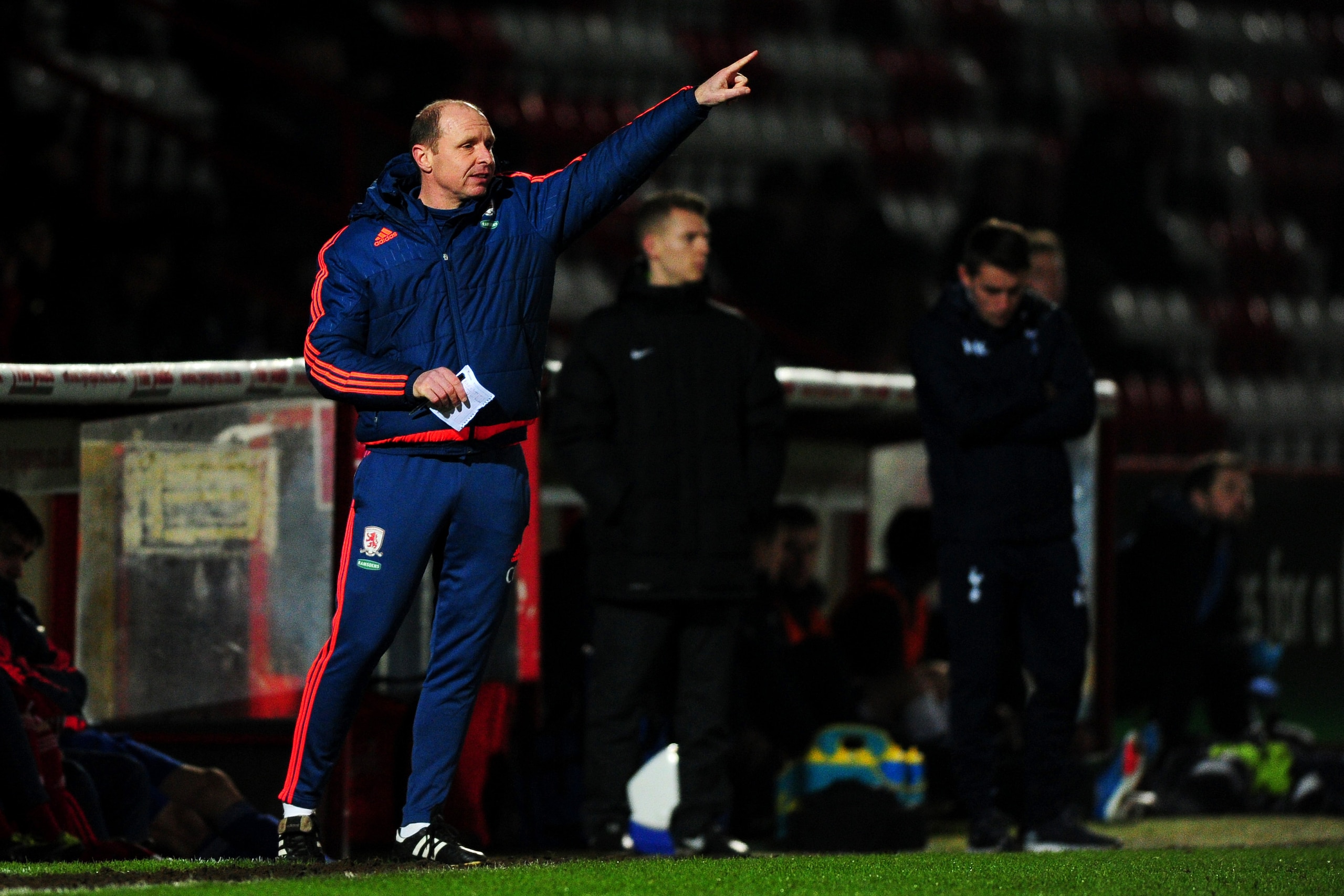 STEVENAGE, ENGLAND - JANUARY 06: Craig Liddle, Under-18s head coach of Middlesbrough issues instructions to his players next to Kieran McKenna (R), Under-18s head coach of Tottenham Hotspur during the FA Youth Cup Fourth Round match between Tottenham Hot STEVENAGE, ENGLAND - JANUARY 06: Craig Liddle, Under-18s head coach of Middlesbrough issues instructions to his players next to Kieran McKenna (R), Under-18s head coach of Tottenham Hotspur during the FA Youth Cup Fourth Round match between Tottenham Hot