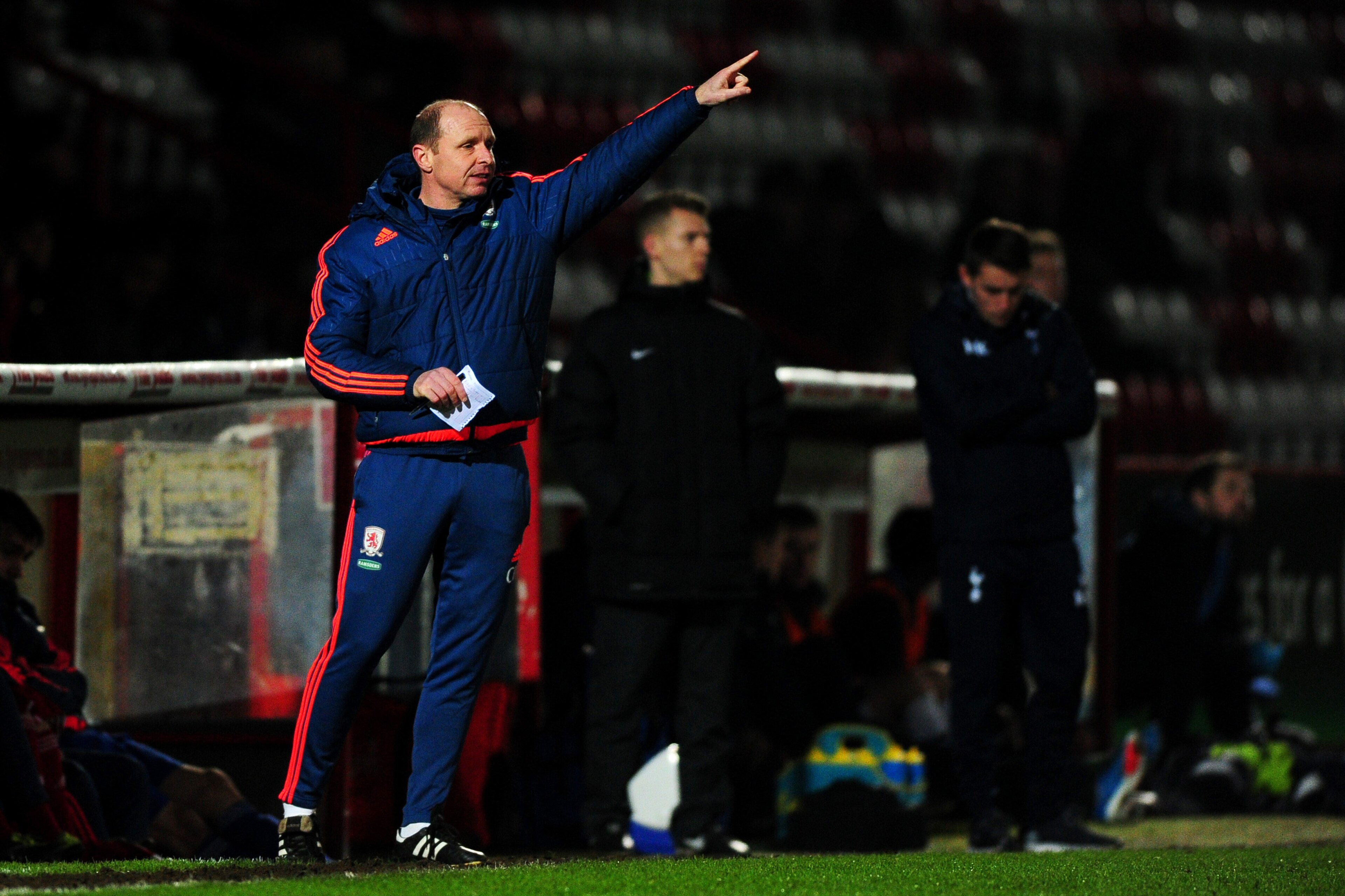 STEVENAGE, ENGLAND - JANUARY 06: Craig Liddle, Under-18s head coach of Middlesbrough issues instructions to his players next to Kieran McKenna (R), Under-18s head coach of Tottenham Hotspur during the FA Youth Cup Fourth Round match between Tottenham Hot STEVENAGE, ENGLAND - JANUARY 06: Craig Liddle, Under-18s head coach of Middlesbrough issues instructions to his players next to Kieran McKenna (R), Under-18s head coach of Tottenham Hotspur during the FA Youth Cup Fourth Round match between Tottenham Hot