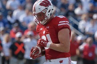 PROVO, UT - SEPTEMBER 16: Troy Fumagalli #81 of the Wisconsin Badgers runs into the end zone untouched for a second half touchdown as the Badgers beat the Brigham Young Cougars 40-6 at LaVell Edwards Stadium on September 16, 2017 in Provo, Utah. (Photo by