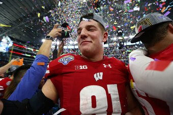 ARLINGTON, TX - JANUARY 02:  Troy Fumagalli #81 of the Wisconsin Badgers celebrates after a 24-16 win against the Western Michigan Broncos during the Goodyear Cotton Bowl Classic at AT&T Stadium on January 2, 2017 in Arlington, Texas.  (Photo by Ronald Ma
