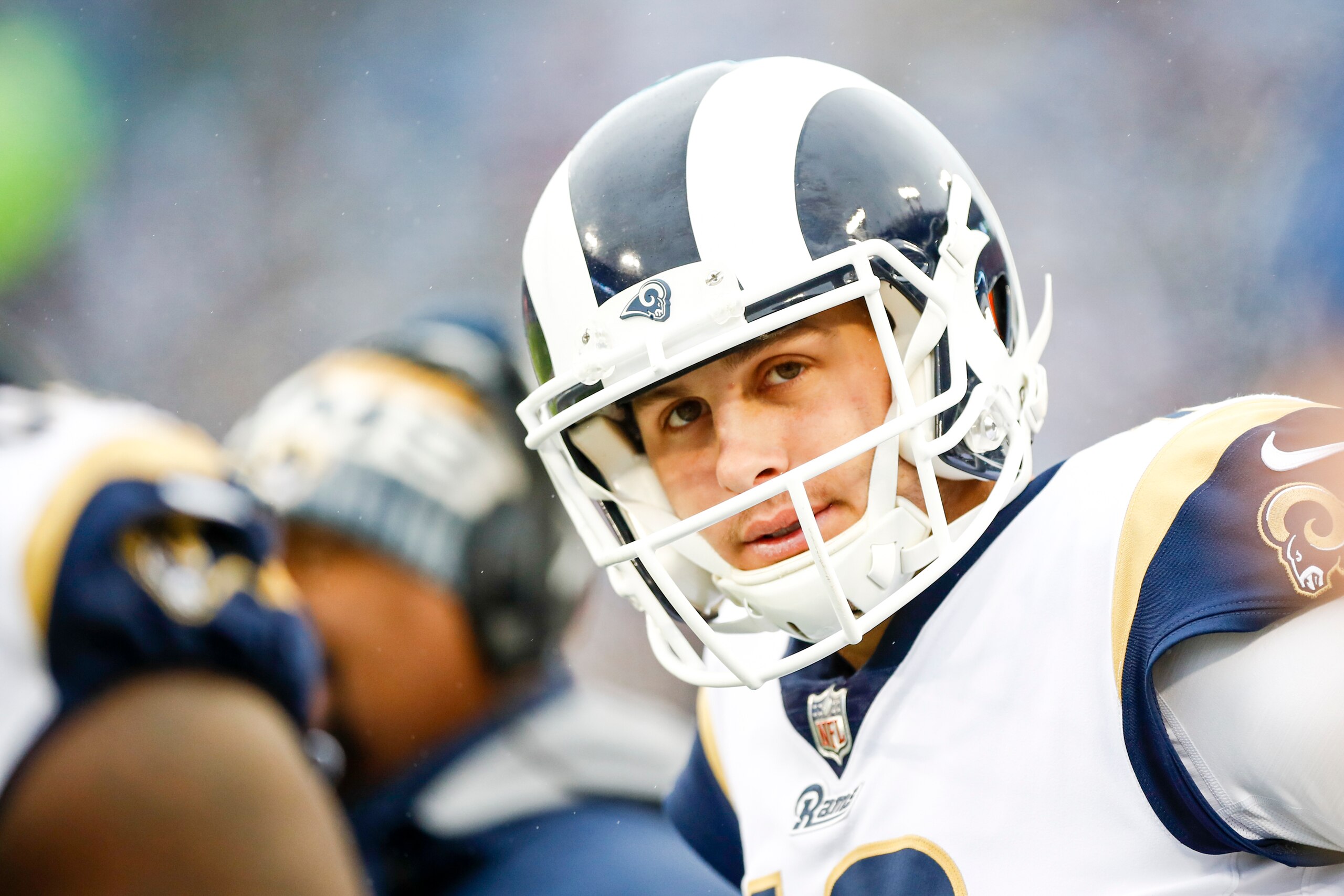 NASHVILLE, TN - DECEMBER 24: Quarterback Jared Goff  #16 of the Los Angeles Rams looks on during a game against the Tennessee Titians at Nissan Stadium on December 24, 2017 in Nashville, Tennessee. (Photo by Wesley Hitt/Getty Images)