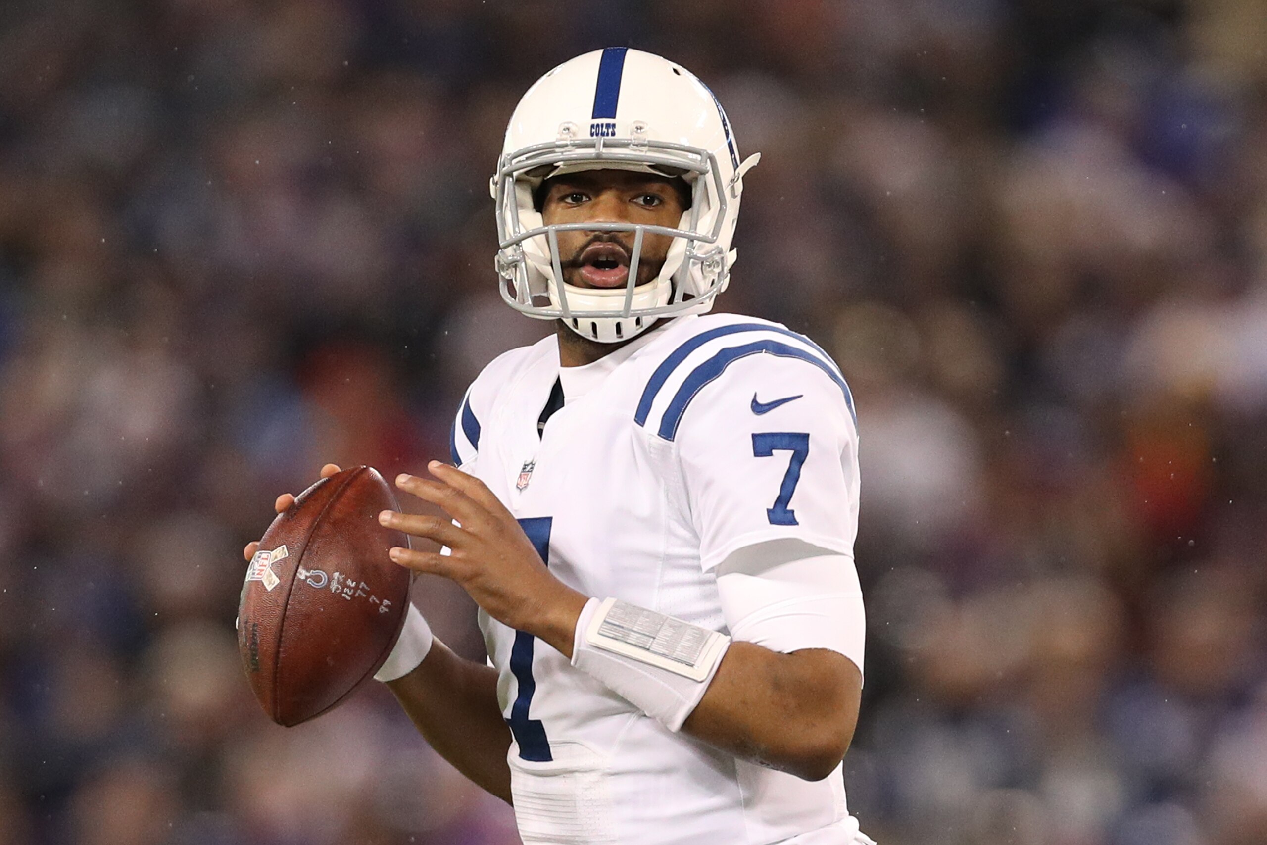 BALTIMORE, MD - DECEMBER 23: Quarterback Jacoby Brissett #7 of the Indianapolis Colts drops back in the second quarter against the Baltimore Ravens at M&T Bank Stadium on December 23, 2017 in Baltimore, Maryland. (Photo by Patrick Smith/Getty Images) BALTIMORE, MD - DECEMBER 23: Quarterback Jacoby Brissett #7 of the Indianapolis Colts drops back in the second quarter against the Baltimore Ravens at M&T Bank Stadium on December 23, 2017 in Baltimore, Maryland. (Photo by Patrick Smith/Getty Images)