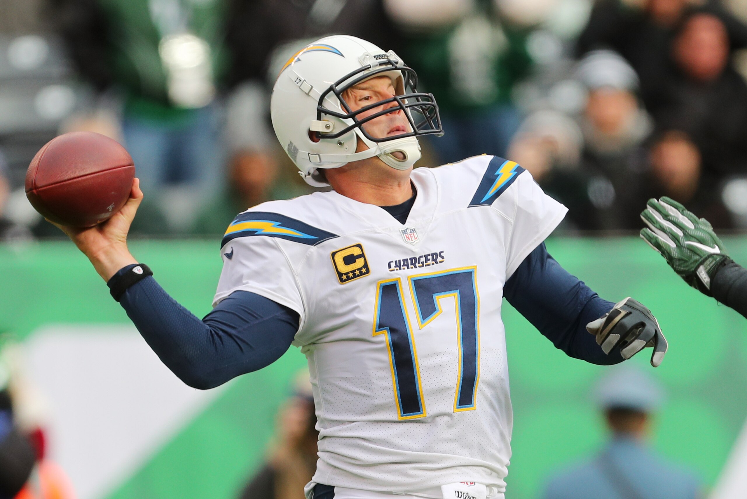 EAST RUTHERFORD, NJ - DECEMBER 24:  Philip Rivers #17 of the Los Angeles Chargers looks to pass during the first half against the New York Jets in an NFL game at MetLife Stadium on December 24, 2017 in East Rutherford, New Jersey.  (Photo by Ed Mulholland