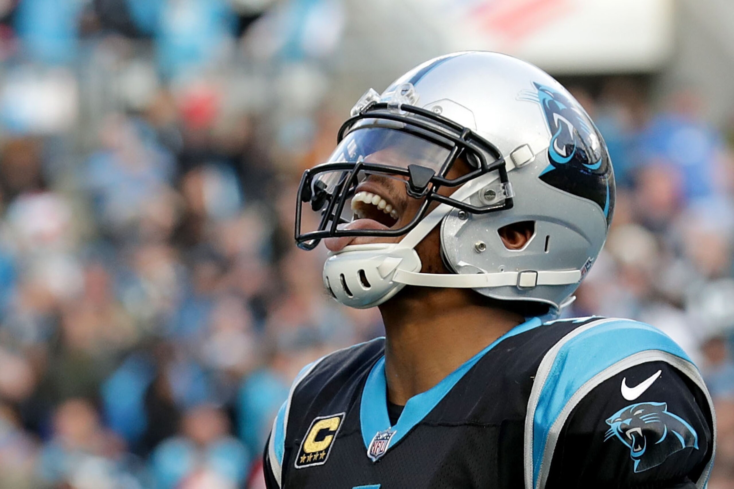 CHARLOTTE, NC - DECEMBER 24:  Cam Newton #1 of the Carolina Panthers reacts after scoring the game winning touchdown against the Tampa Bay Buccaneers in the fourth quarter during their game at Bank of America Stadium on December 24, 2017 in Charlotte, Nor