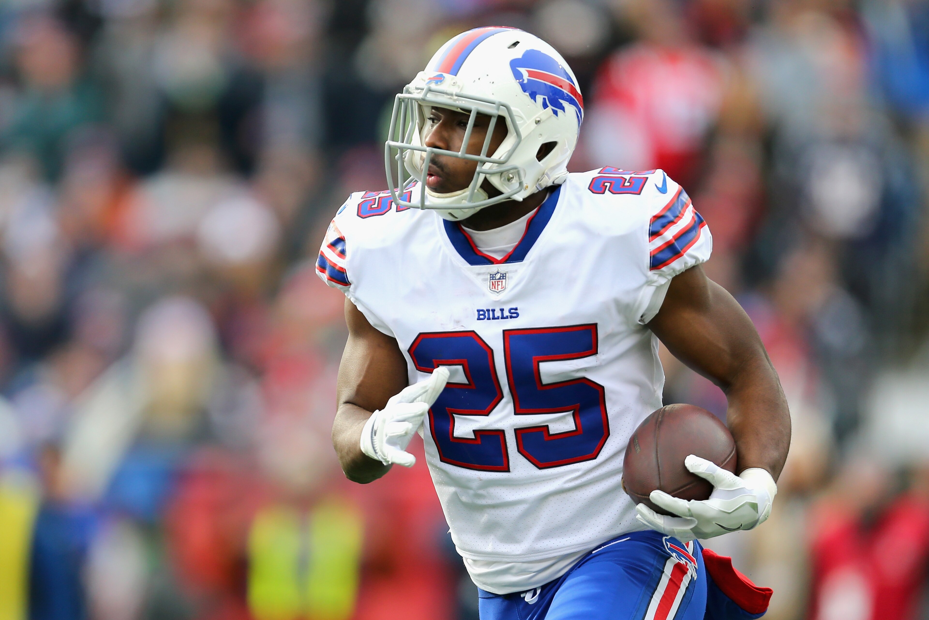 FOXBORO, MA - DECEMBER 24: LeSean McCoy #25 of the Buffalo Bills carries the ball during the first quarter of a game against the New England Patriots at Gillette Stadium on December 24, 2017 in Foxboro, Massachusetts. (Photo by Maddie Meyer/Getty Images)