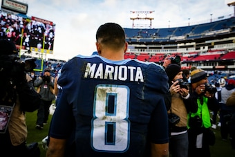 NASHVILLE, TN - DECEMBER 24: Quarterback Marcus Mariota  #8 of the Tennessee Titans walks off the field following his loss against the Los Angeles Rams at Nissan Stadium on December 24, 2017 in Nashville, Tennessee. (Photo by Shaban Athuman/Getty Images)