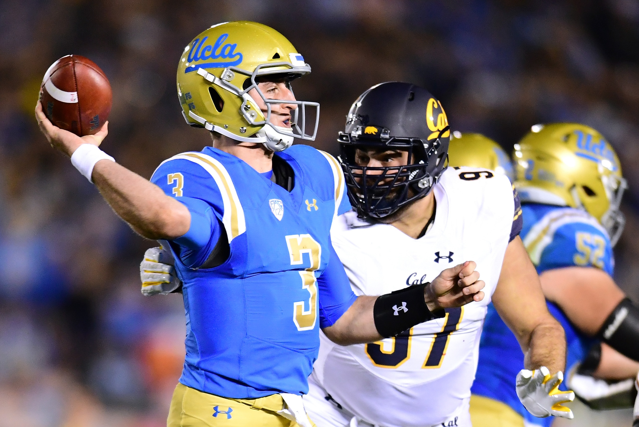 PASADENA, CA - NOVEMBER 24:  Josh Rosen #3 of the UCLA Bruins throws in the pocket in front of Tony Mekari #97 of the California Golden Bears during the second quarter at Rose Bowl on November 24, 2017 in Pasadena, California.  (Photo by Harry How/Getty I