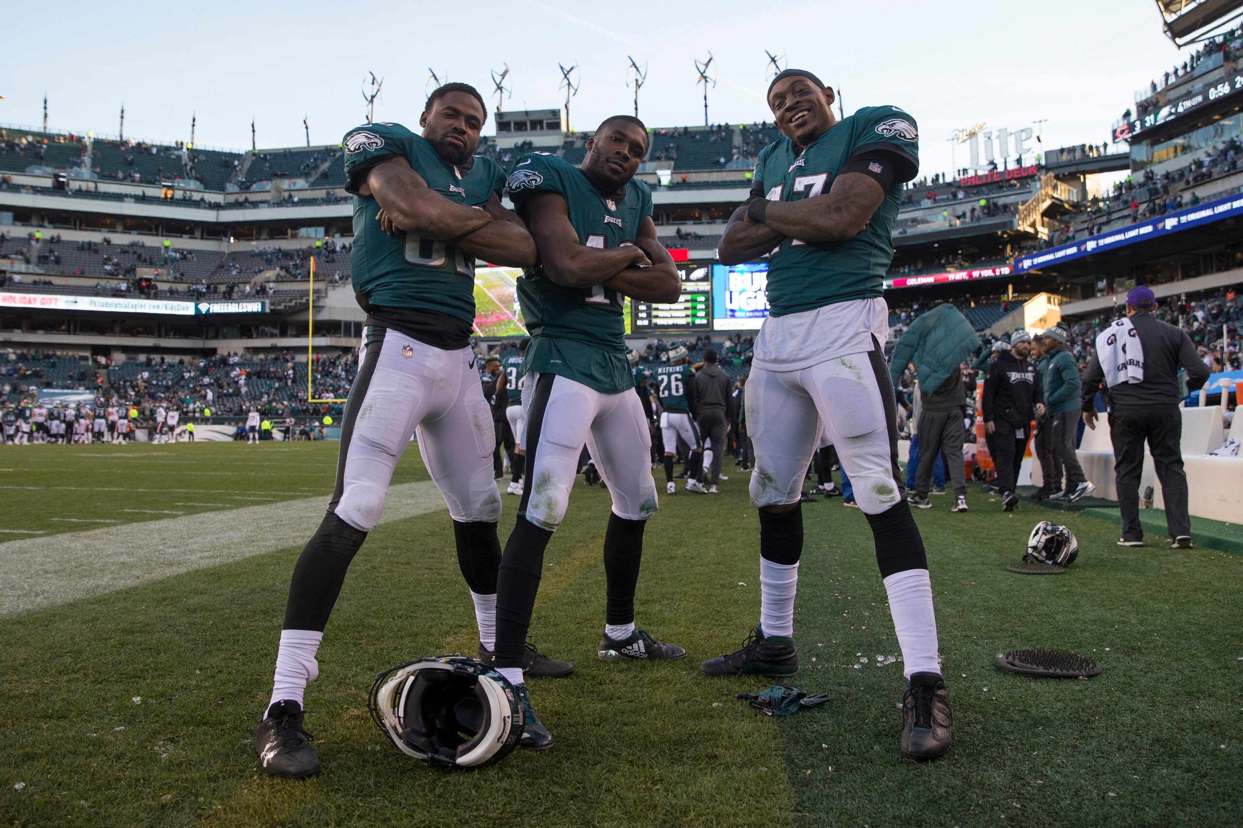 PHILADELPHIA, PA - NOVEMBER 26: Torrey Smith #82, Nelson Agholor #13, and Alshon Jeffery #17 of the Philadelphia Eagles pose for a picture against the Chicago Bears at Lincoln Financial Field on November 26, 2017 in Philadelphia, Pennsylvania. (Photo by M