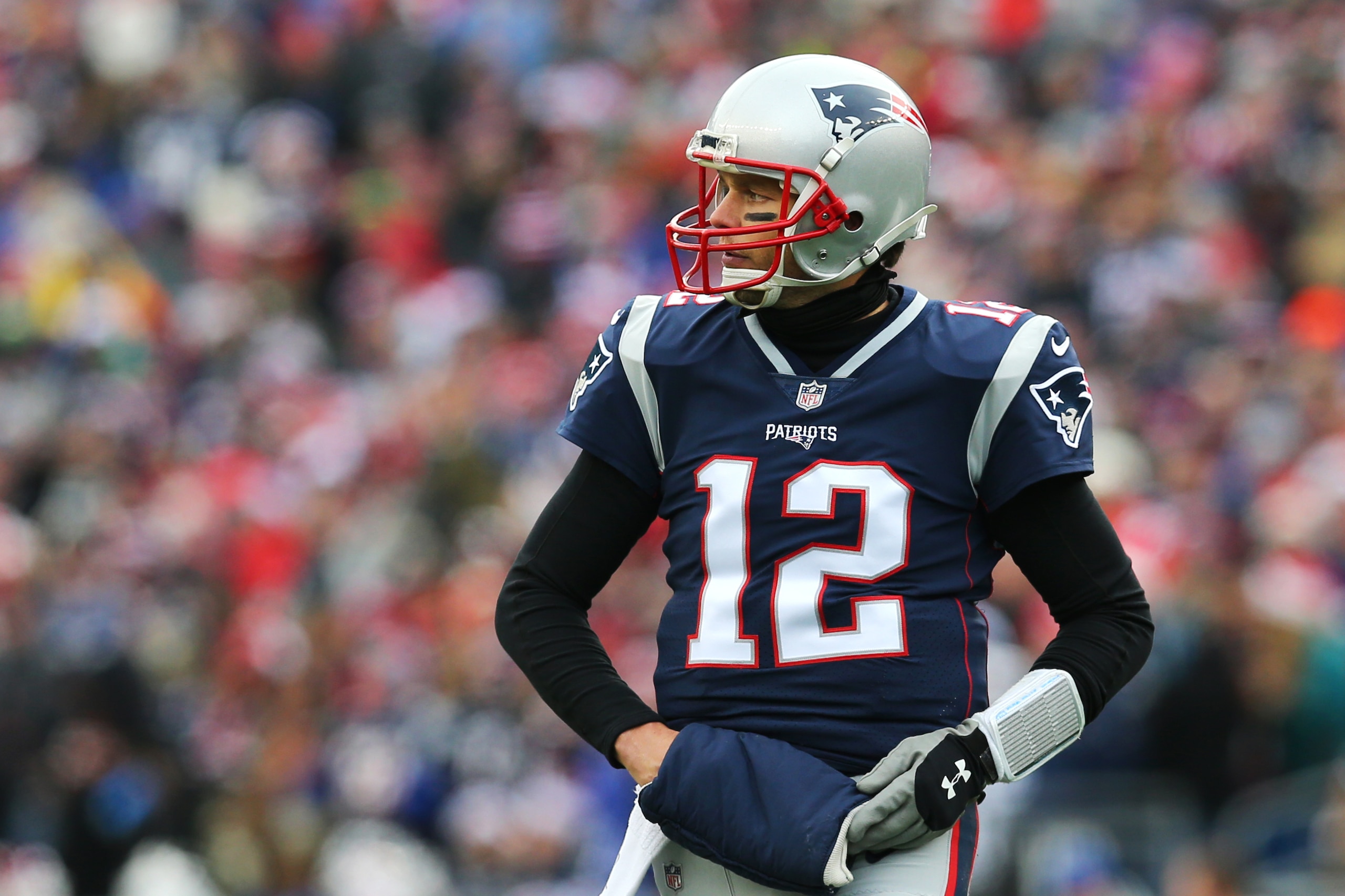 FOXBORO, MA - DECEMBER 24: Tom Brady #12 of the New England Patriots looks on during the game against the Buffalo Bills at Gillette Stadium on December 24, 2017 in Foxboro, Massachusetts. (Photo by Maddie Meyer/Getty Images)