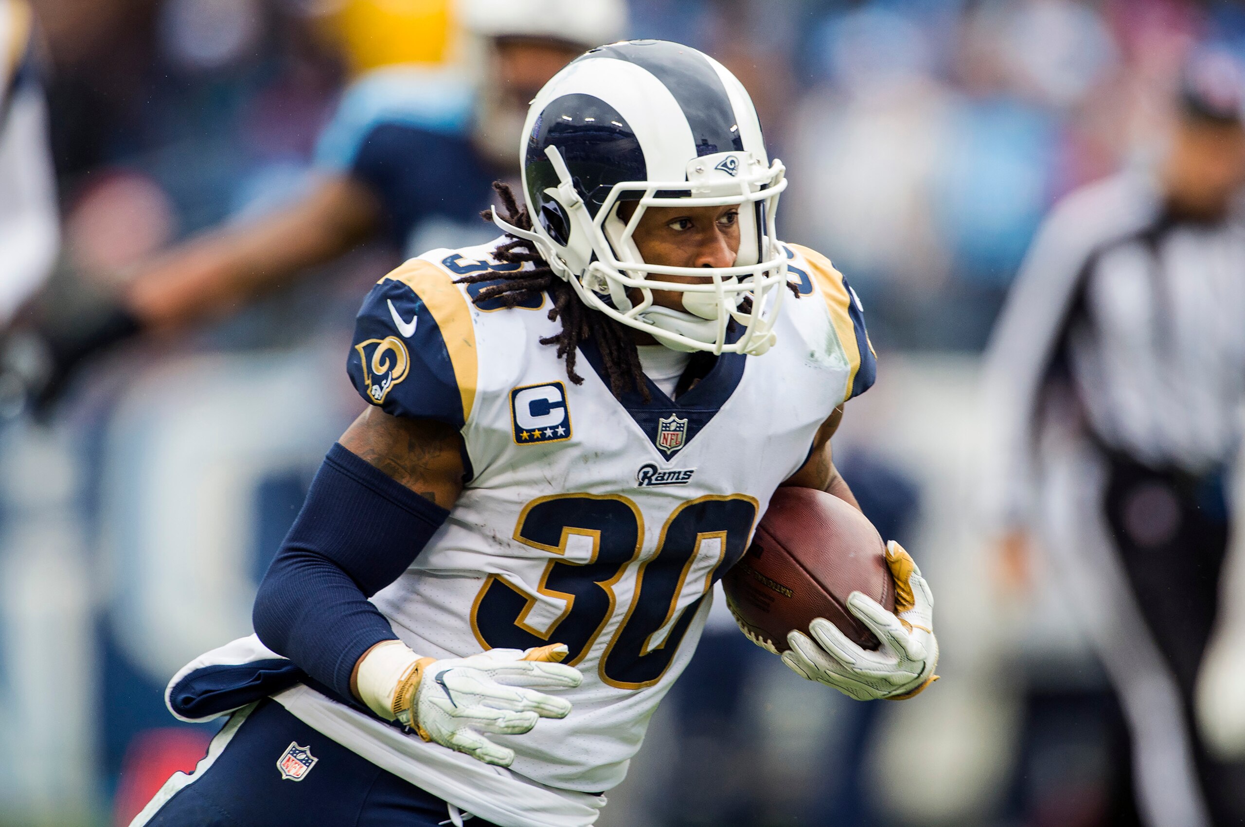 NASHVILLE, TN - DECEMBER 24:  Running back Todd Gurley II #30 of the Los Angeles Rams carries the ball during a NFL game against the Tennessee Titians at Nissan Stadium on December 24, 2017 in Nashville, Tennessee.  (Photo by Ronald C. Modra/Sports Imager