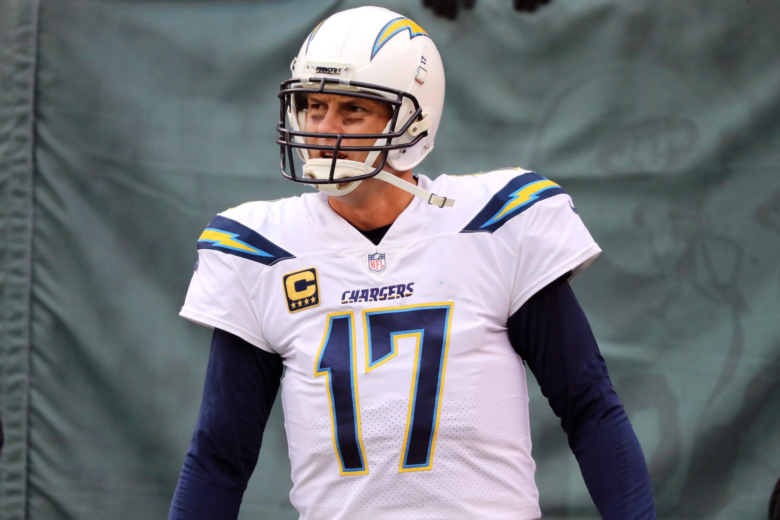 EAST RUTHERFORD, NJ - DECEMBER 24:  Philip Rivers #17 of the Los Angeles Chargers reacts against the New York Jets during the first half of an NFL game at MetLife Stadium on December 24, 2017 in East Rutherford, New Jersey.  (Photo by Abbie Parr/Getty Ima