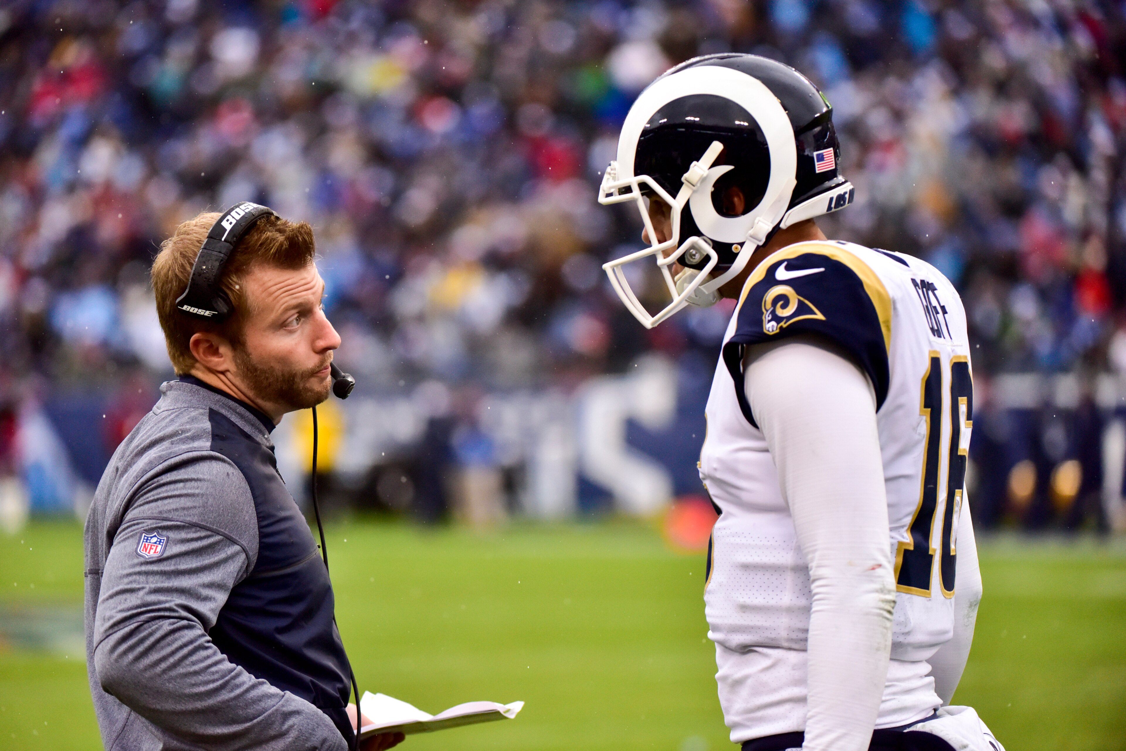 NASHVILLE, TN - DECEMBER 24: Head Coach Sean McVay talks to Quarterback Jared Goff  #16 of the Los Angeles Rams in a game against the Tennessee Titians at Nissan Stadium on December 24, 2017 in Nashville, Tennessee. (Photo by Frederick Breedon/Getty Image