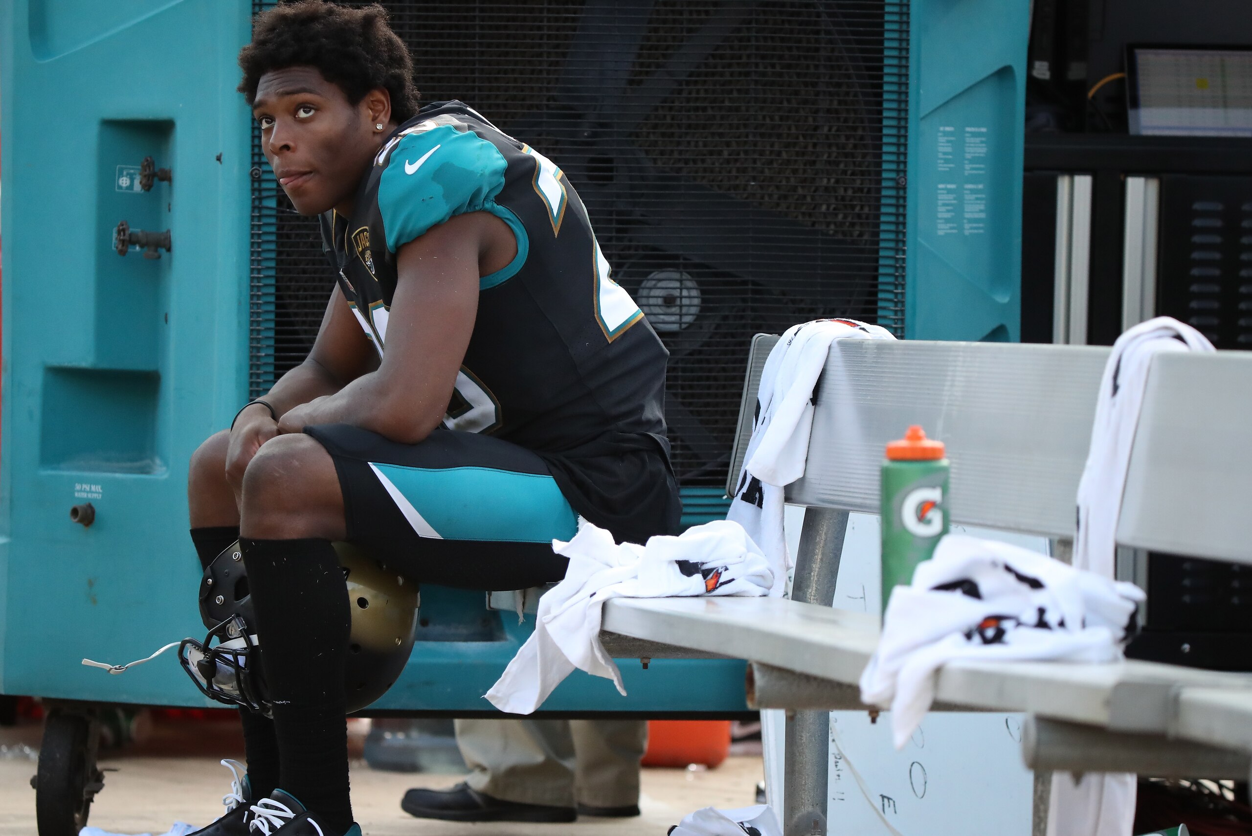 JACKSONVILLE, FL - DECEMBER 17:    Jalen Ramsey #20 of the Jacksonville Jaguars waits on the bench during the second half of their game against the Houston Texans at EverBank Field on December 17, 2017 in Jacksonville, Florida.  (Photo by Logan Bowles/Get