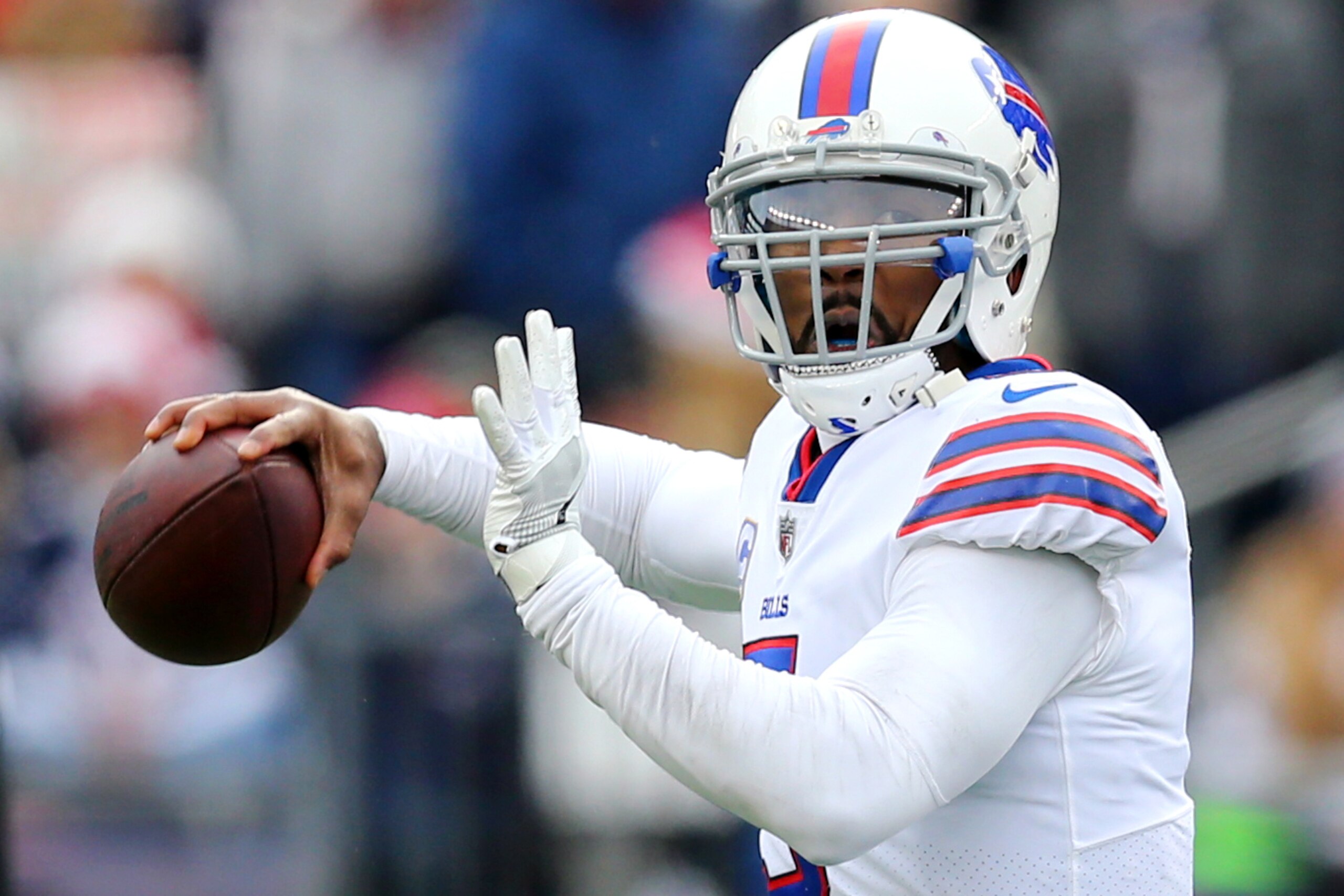 FOXBORO, MA - DECEMBER 24: Tyrod Taylor #5 of the Buffalo Bills makes a pass against the New England Patriots during the first half at Gillette Stadium on December 24, 2017 in Foxboro, Massachusetts. (Photo by Maddie Meyer/Getty Images)